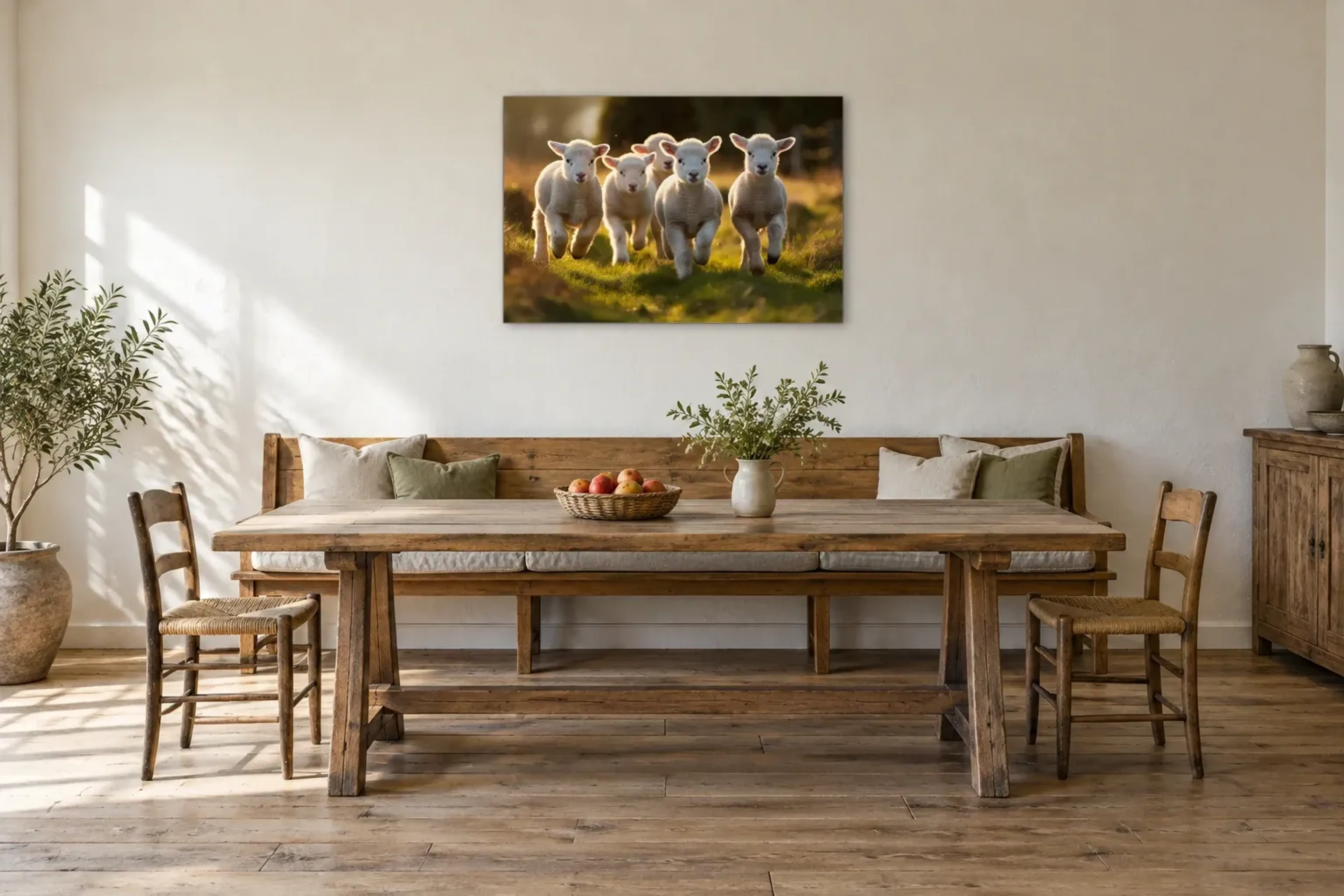 Lämmer im Abendlicht als Wandbild über einer 200-cm-Sitzbank