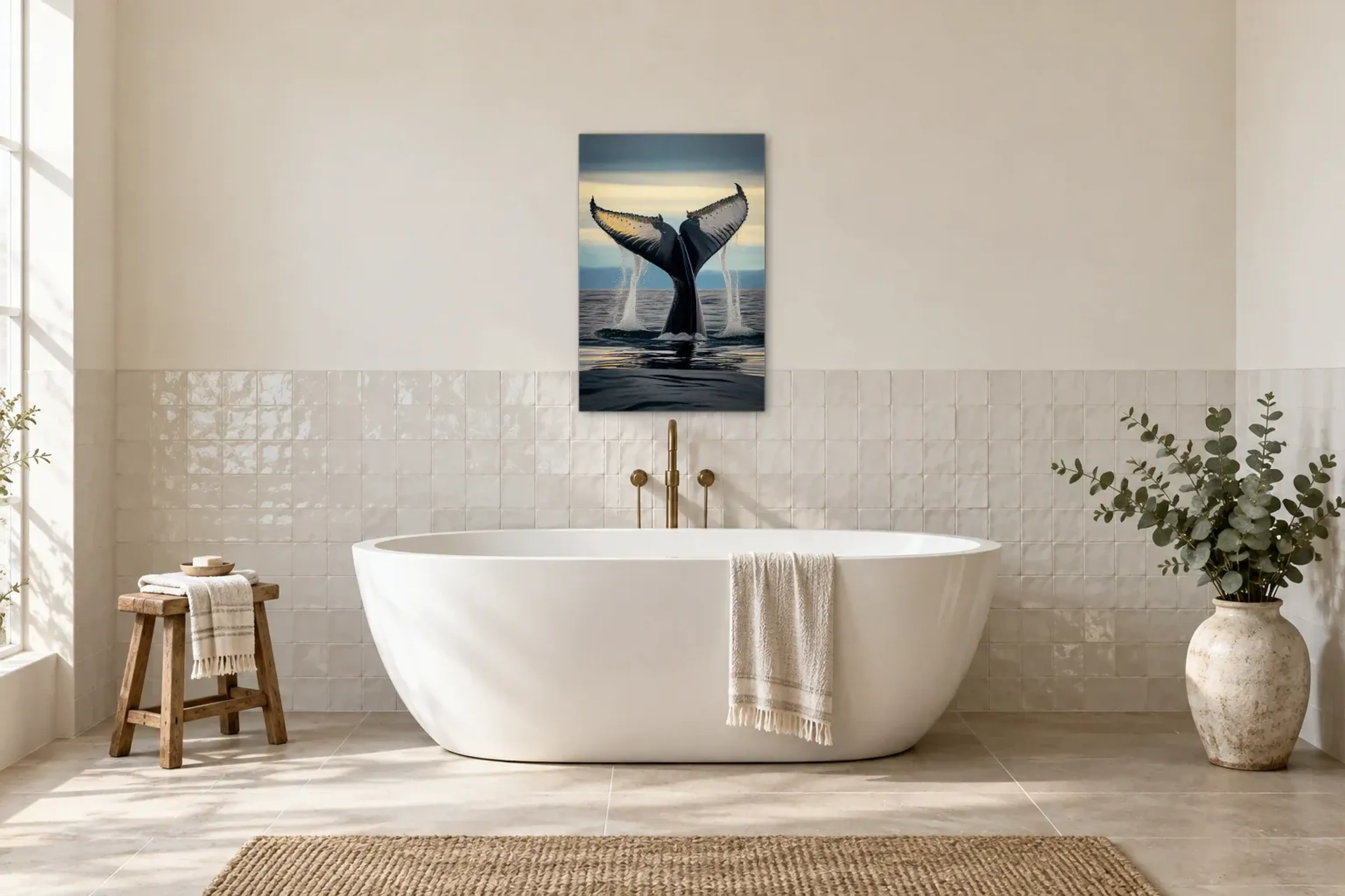 Walflosse mit Wasserschleiern als Wandbild über einer 170-cm-Badewanne