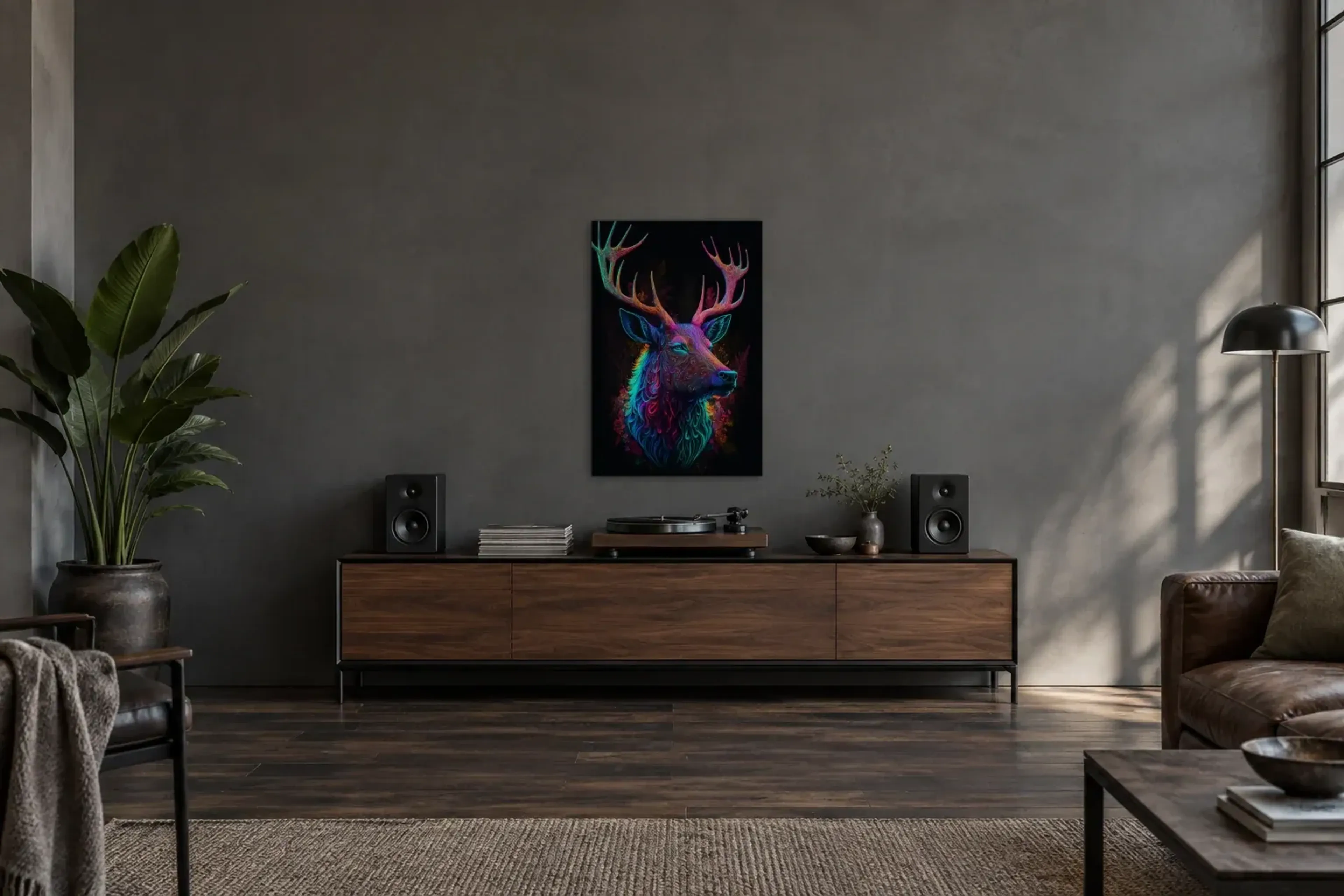 Hirsch in Neonfarben als Wandbild über einem 200-cm-Sideboard