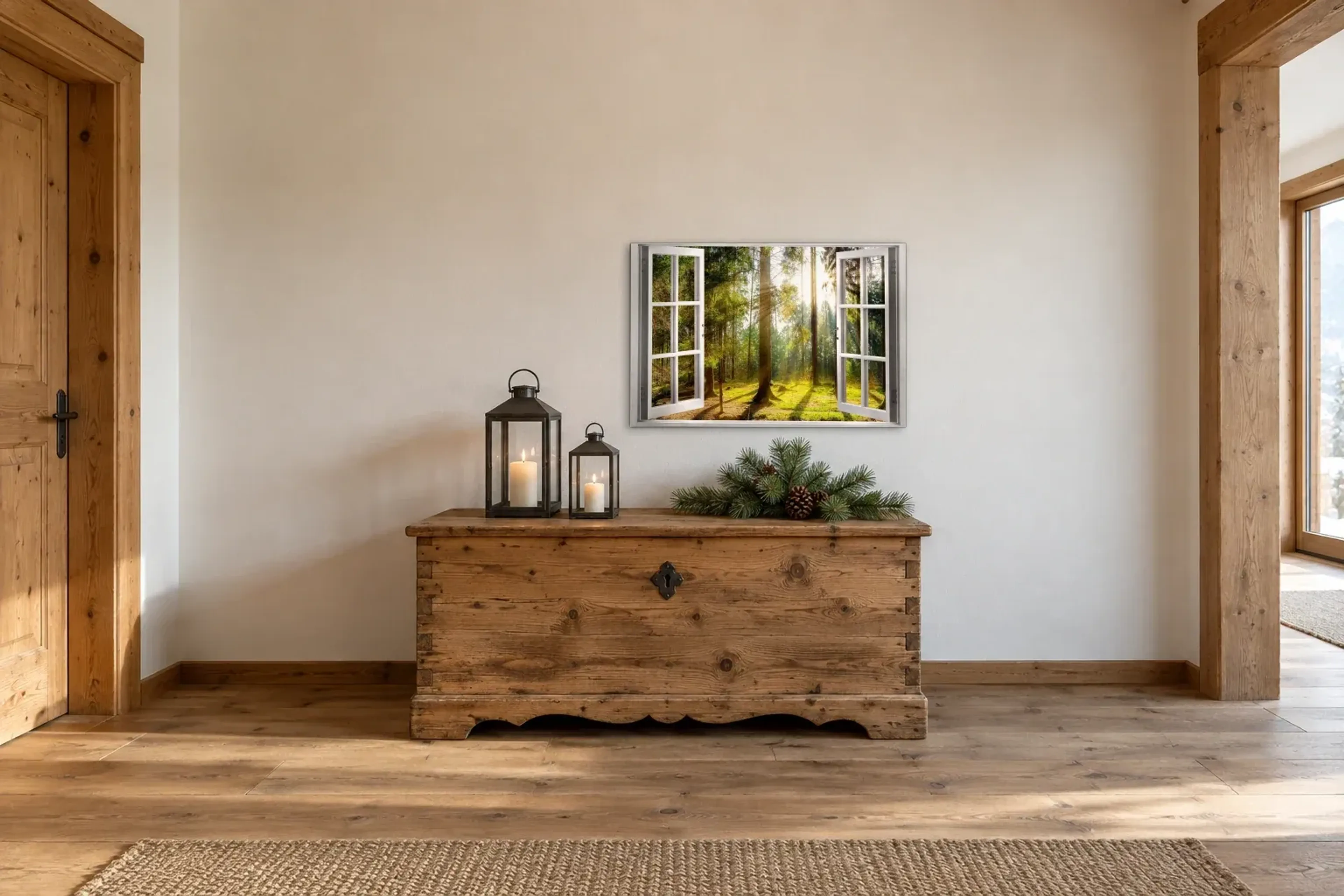Lichtung im Sonnenlicht als Wandbild über einer 140-cm-Truhe