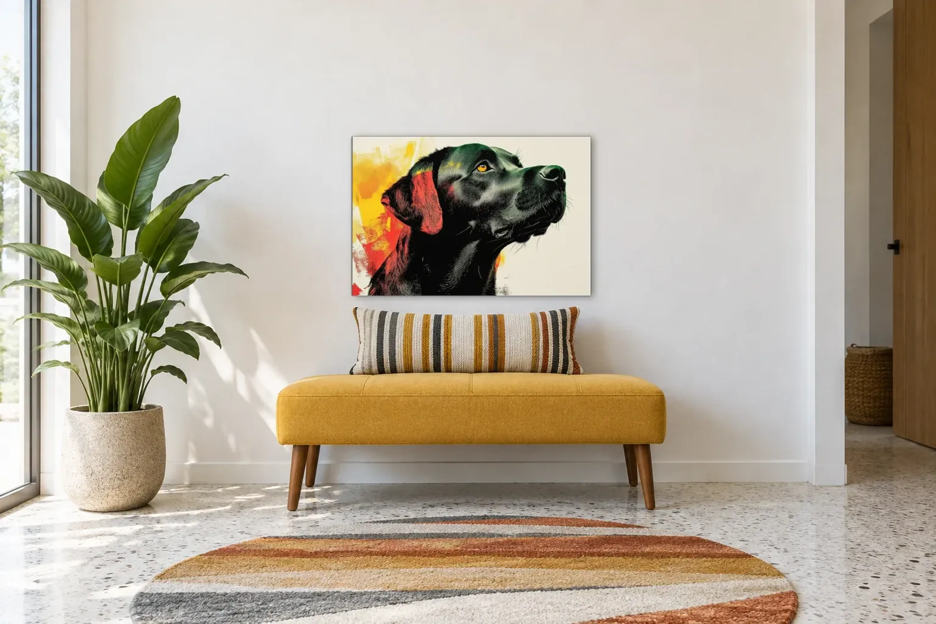 Labrador mit goldenem Blick als Wandbild über einer 120-cm-Bank