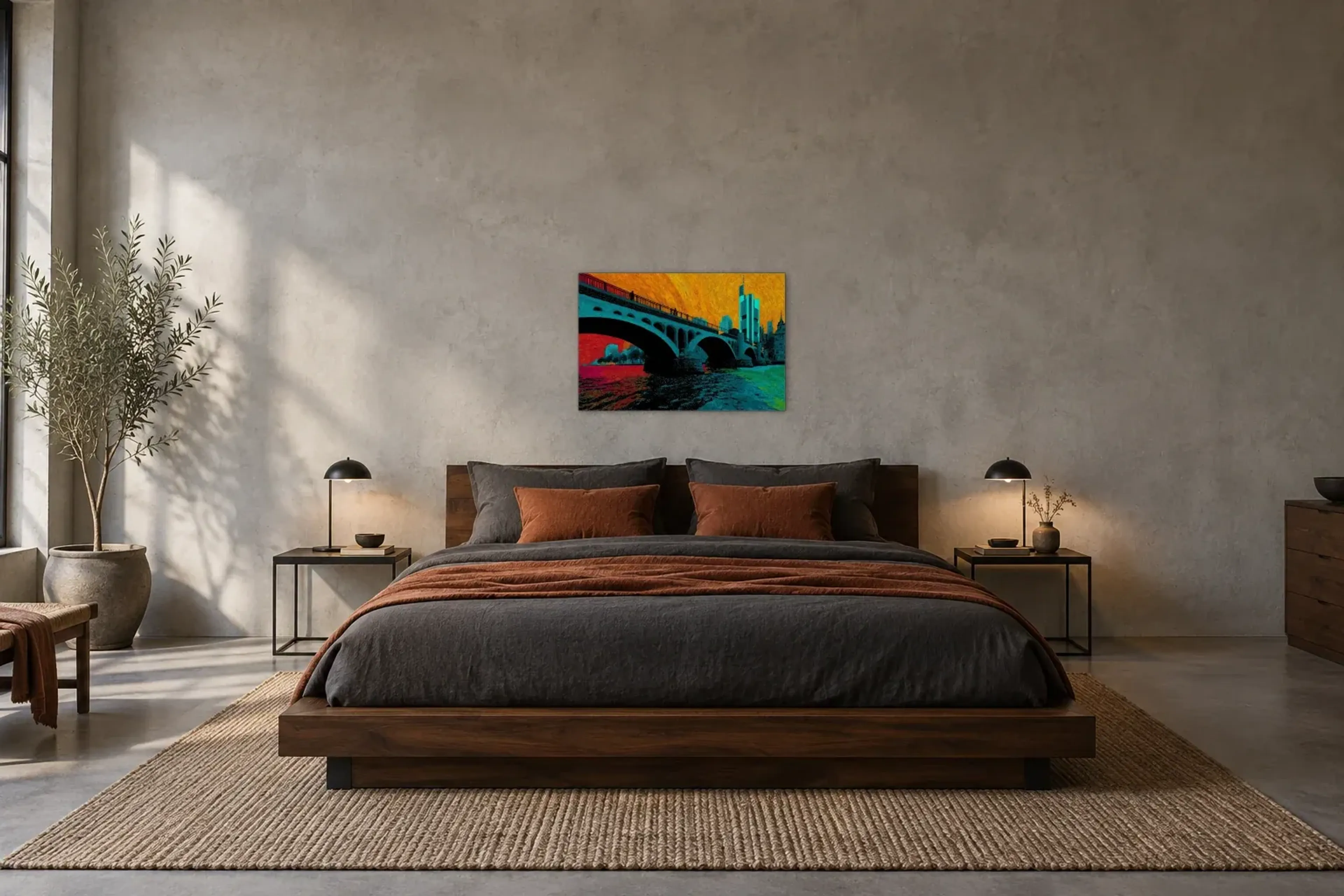 Frankfurter Brückenbögen in Türkis als Wandbild über einem 180-cm-Bett