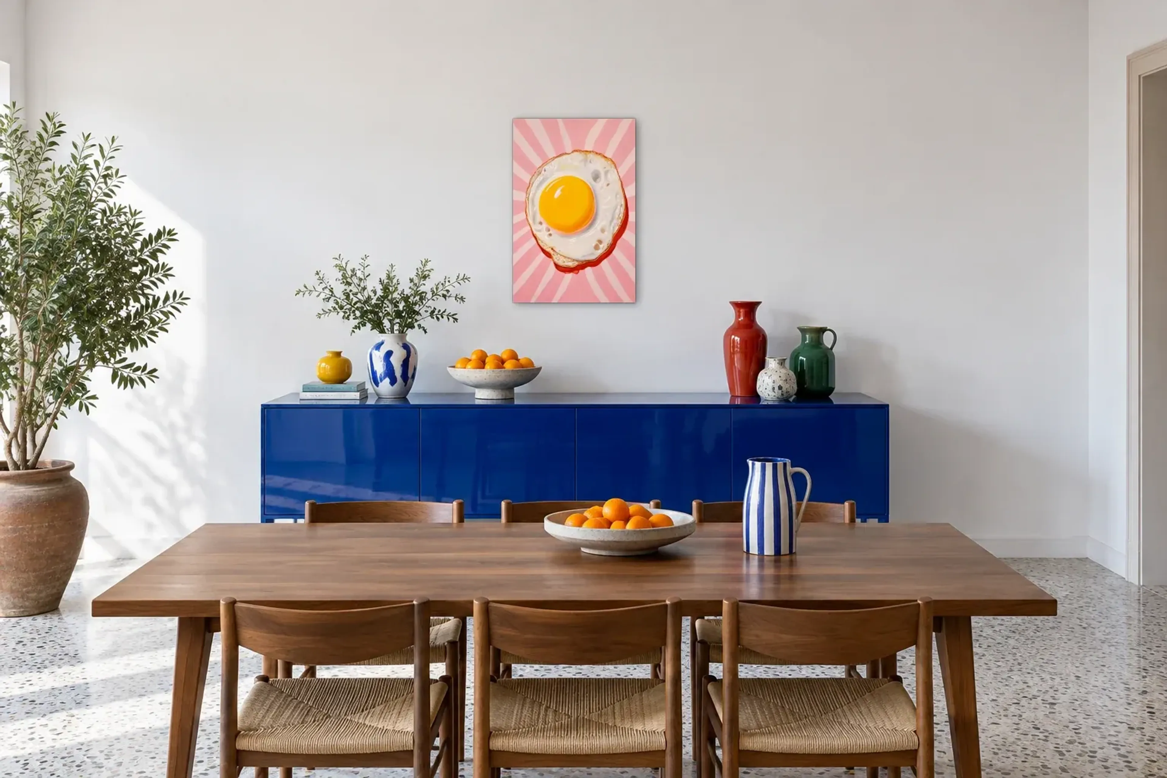 Spiegelei Pop Art als Wandbild über einem 180-cm-Sideboard
