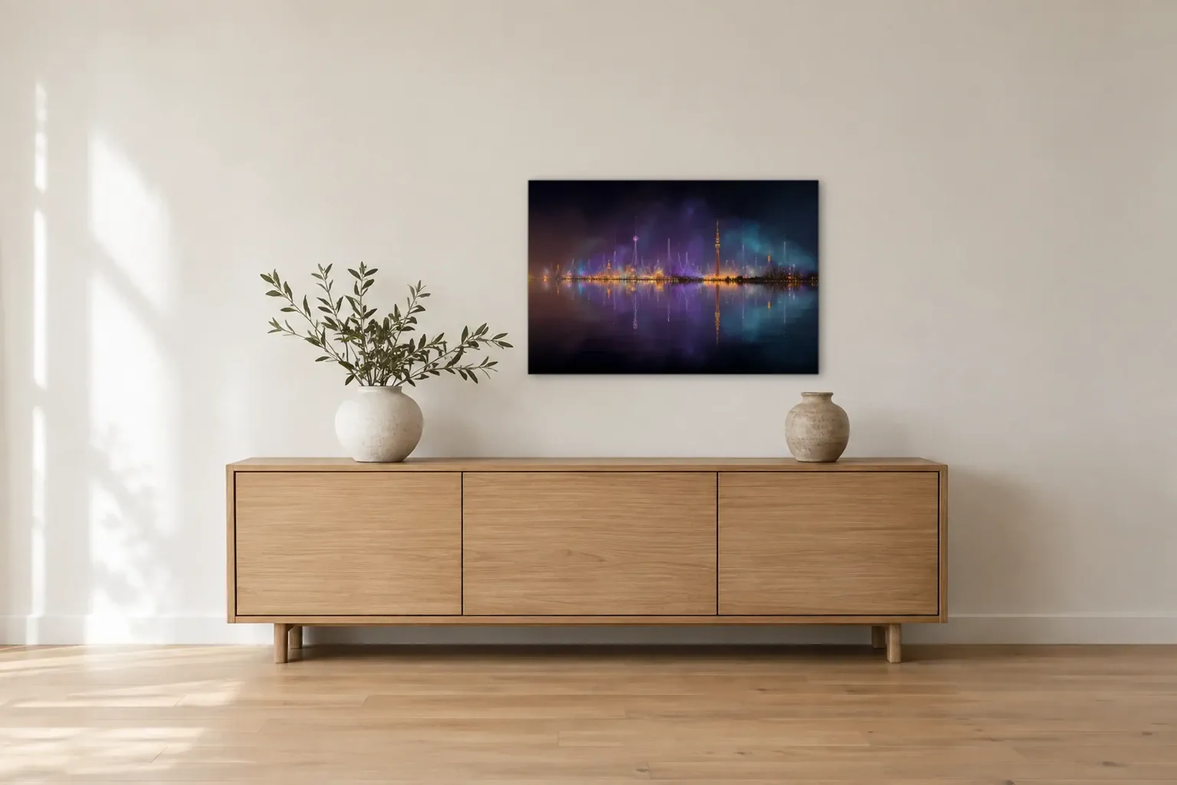 Nächtliche Lichtspitzen als Wandbild über einem 180-cm-Sideboard