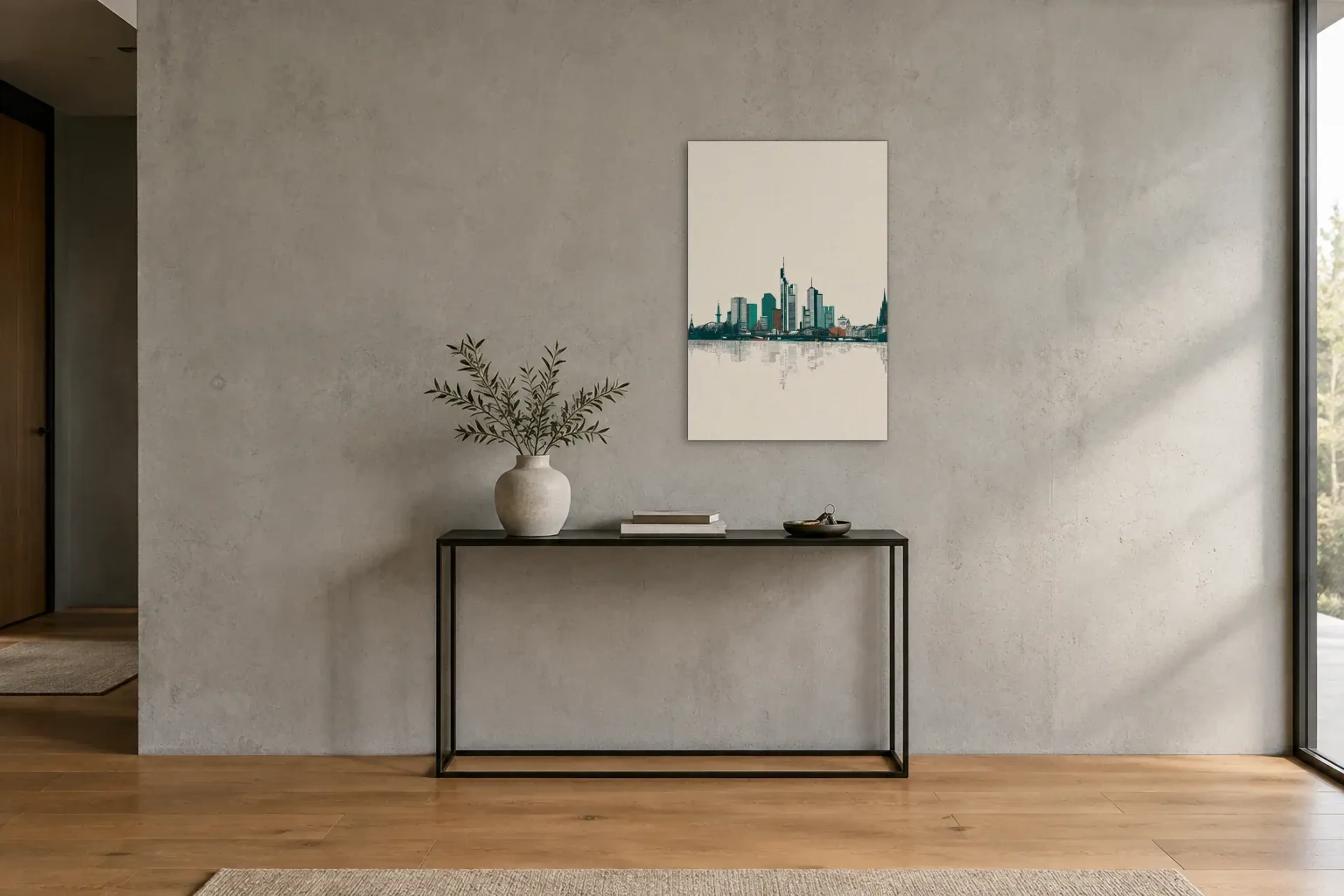 Frankfurt in feinen Linien als Wandbild über einer 120-cm-Konsole