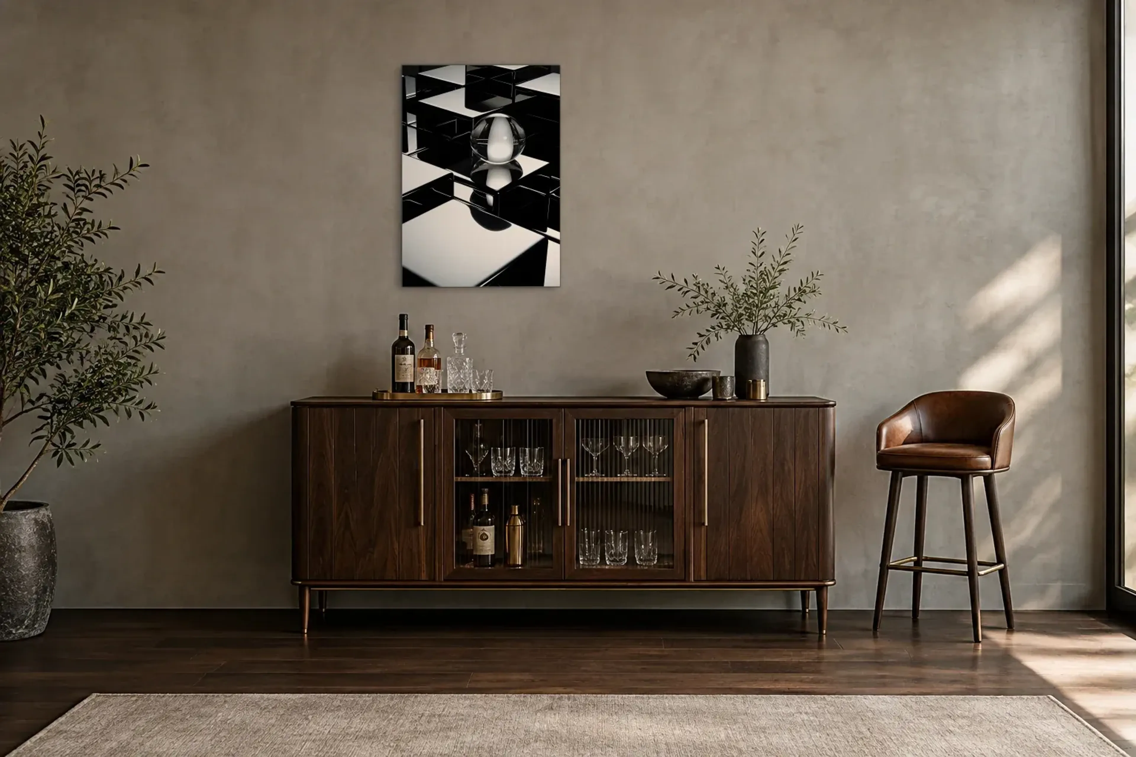 Kugel zwischen Spiegelstufen als Wandbild über einem 150-cm-Barschrank