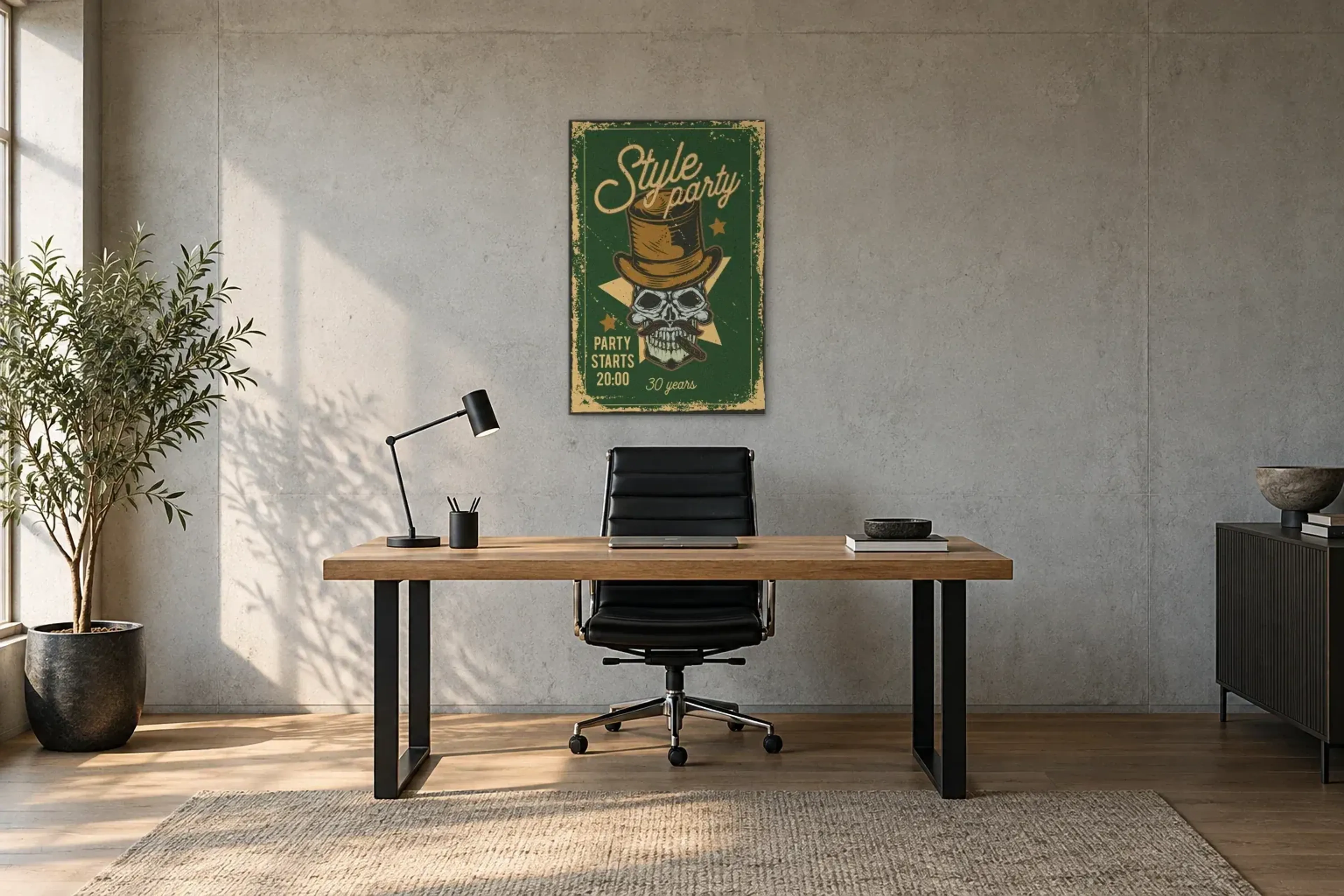 Style Party als Wandbild über einem 160-cm-Schreibtisch