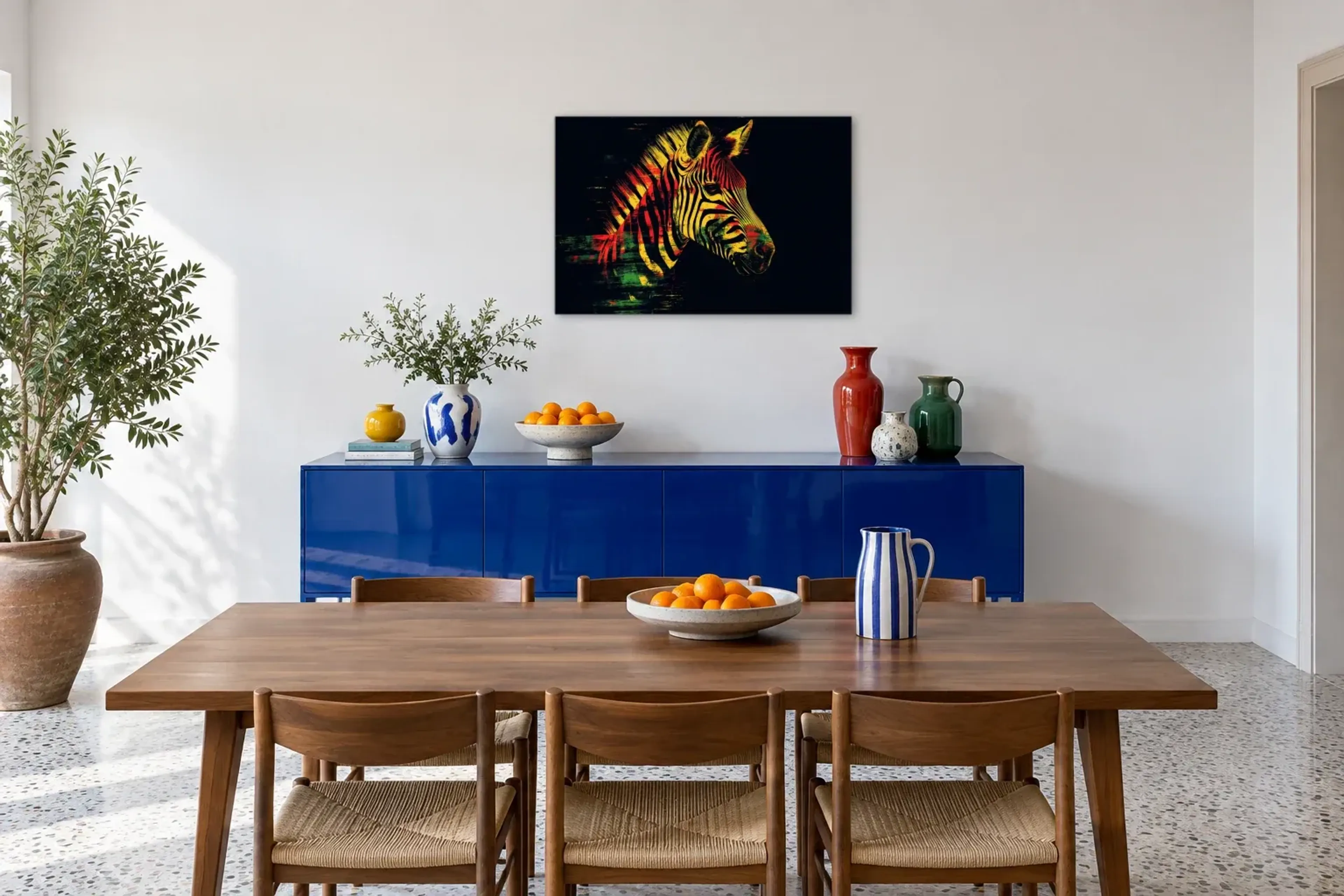 Zebra in Leuchtfarben als Wandbild über einem 180-cm-Sideboard