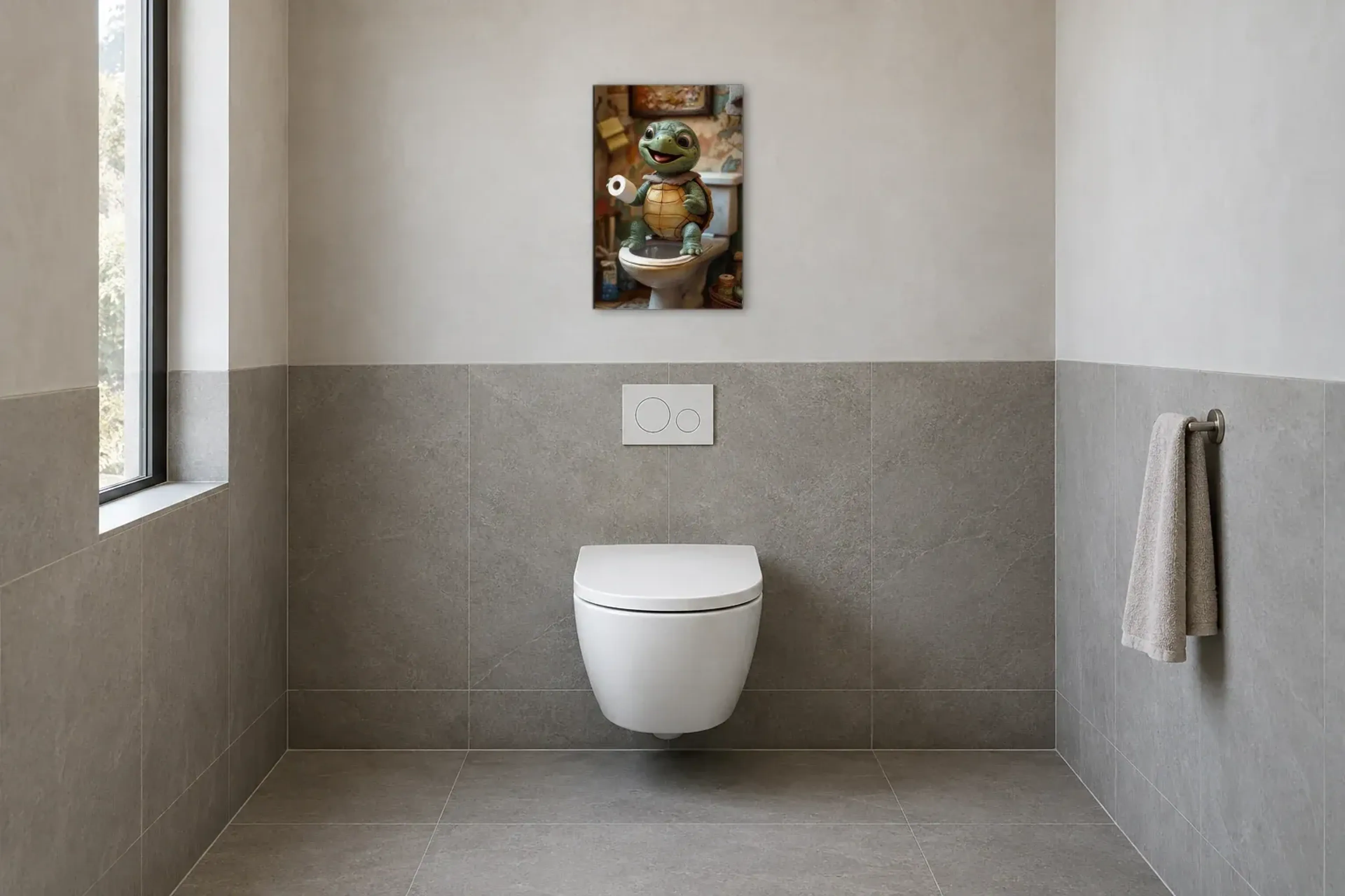 Schildkröte mit Papierrolle als Wandbild im Gäste-WC