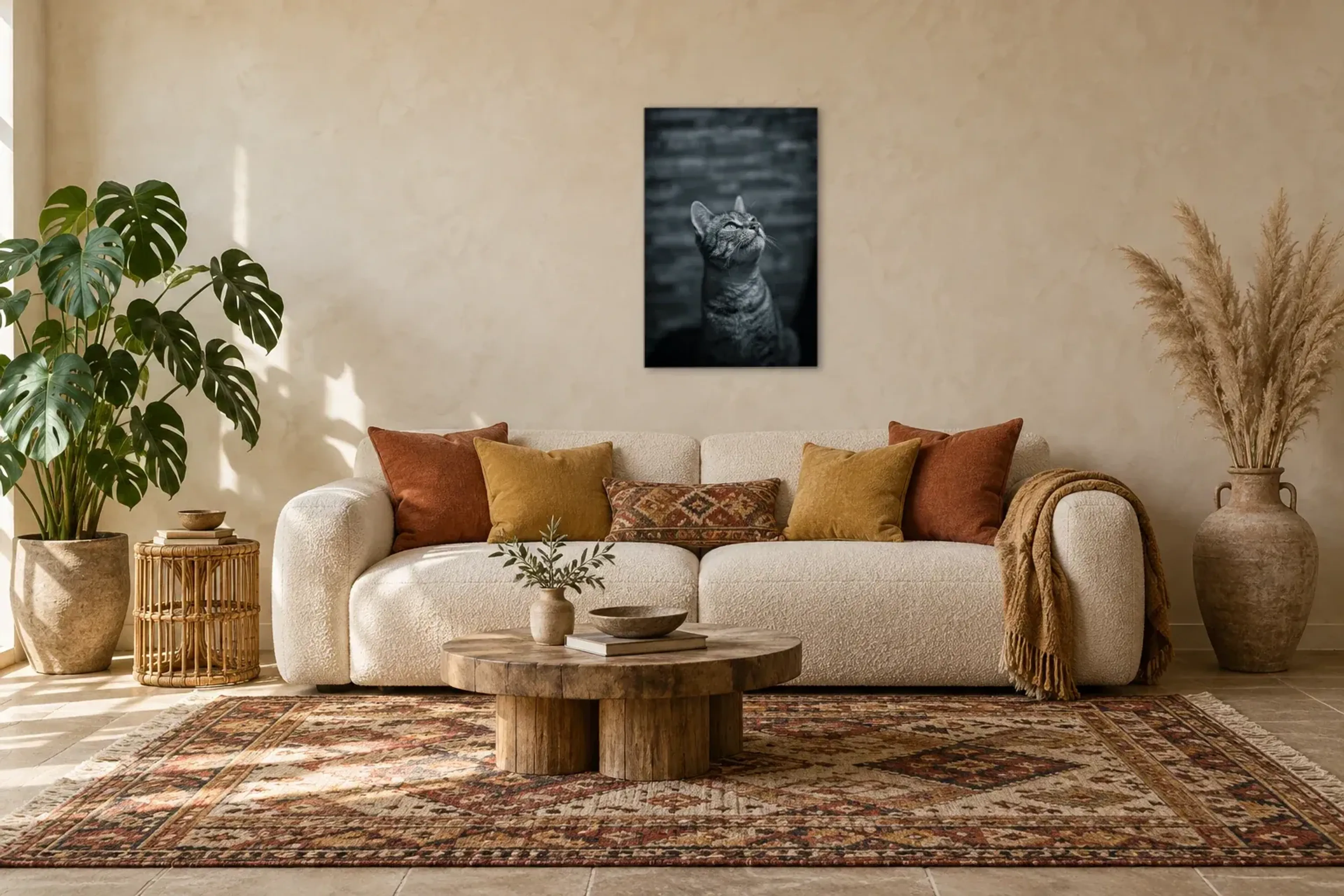 Katze blickt nach oben als Wandbild über einem 220-cm-Sofa