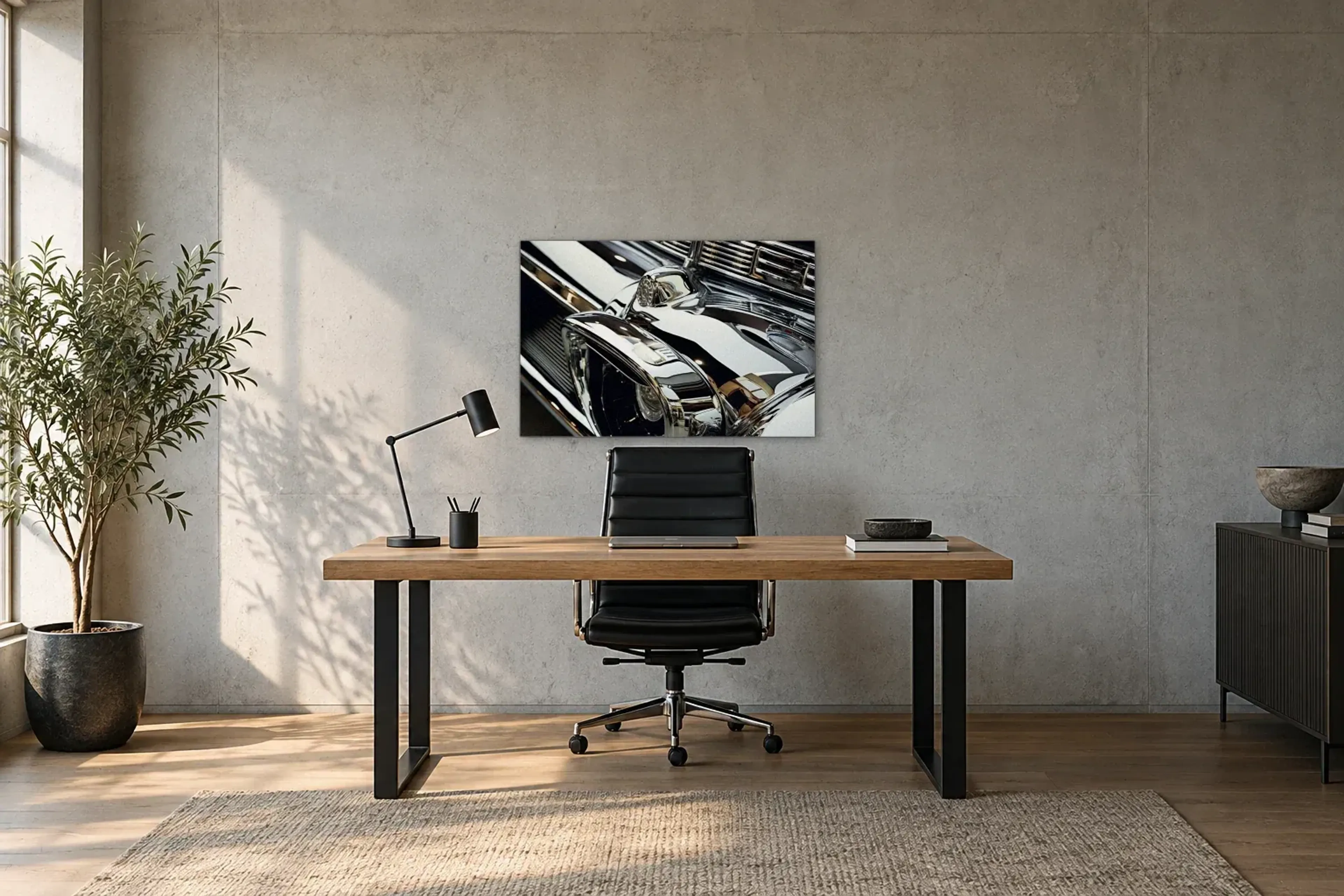 Chrom Scheinwerfer als Wandbild über einem 160-cm-Schreibtisch