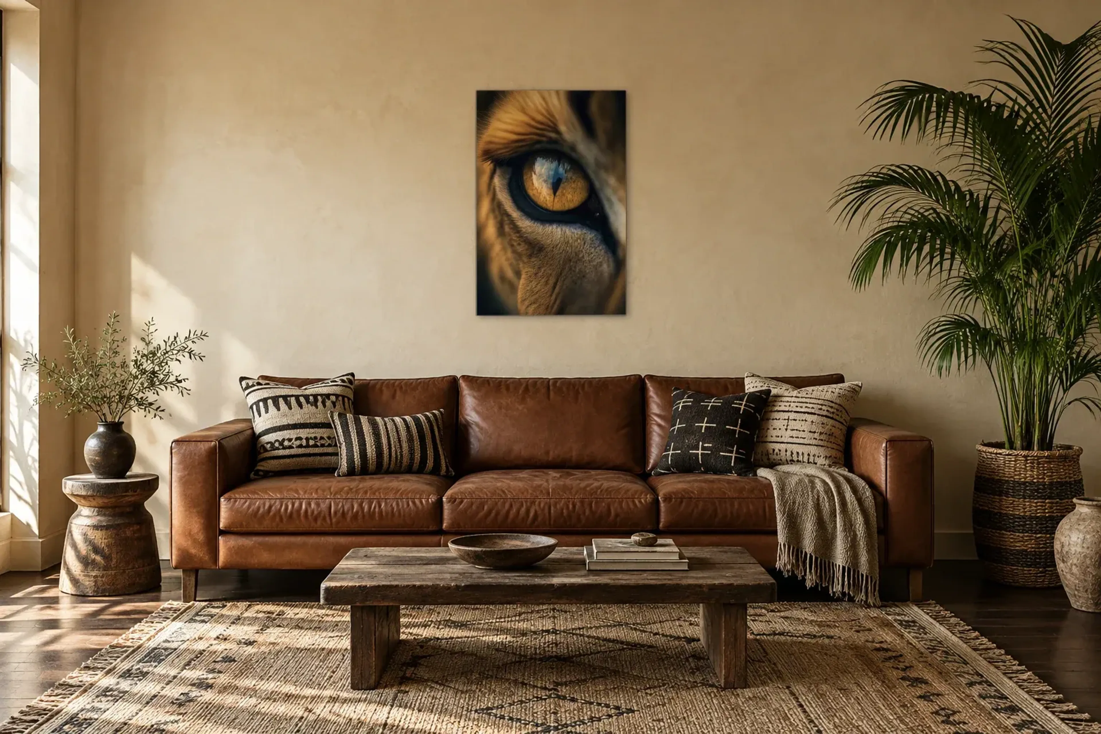 Nahaufnahme Löwen-Auge als Wandbild über einem 220-cm-Sofa