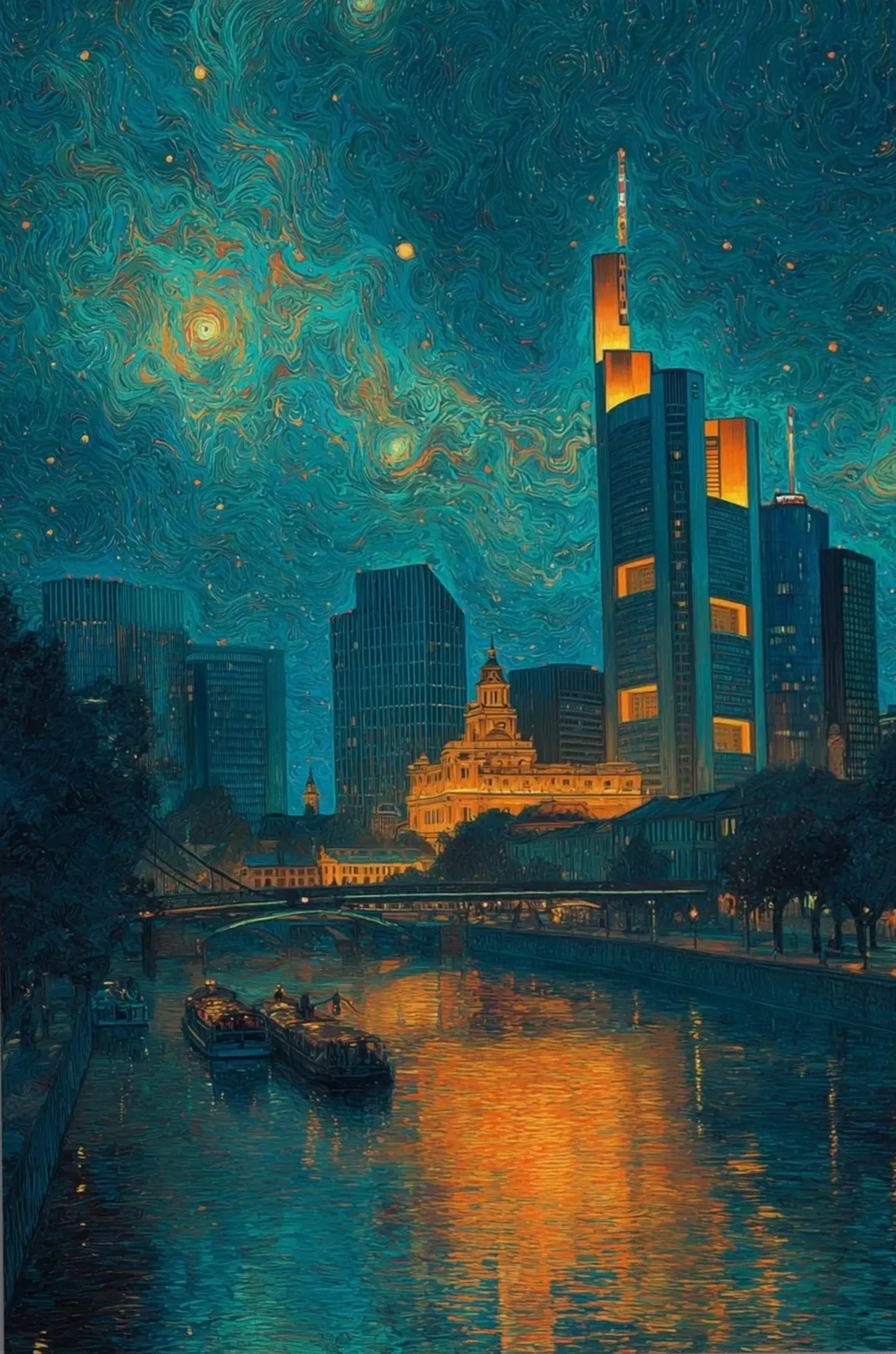 Frankfurter Hochhäuser unter einem wirbelnden Sternenhimmel, davor Boote und goldene Spiegelungen im Wasser.