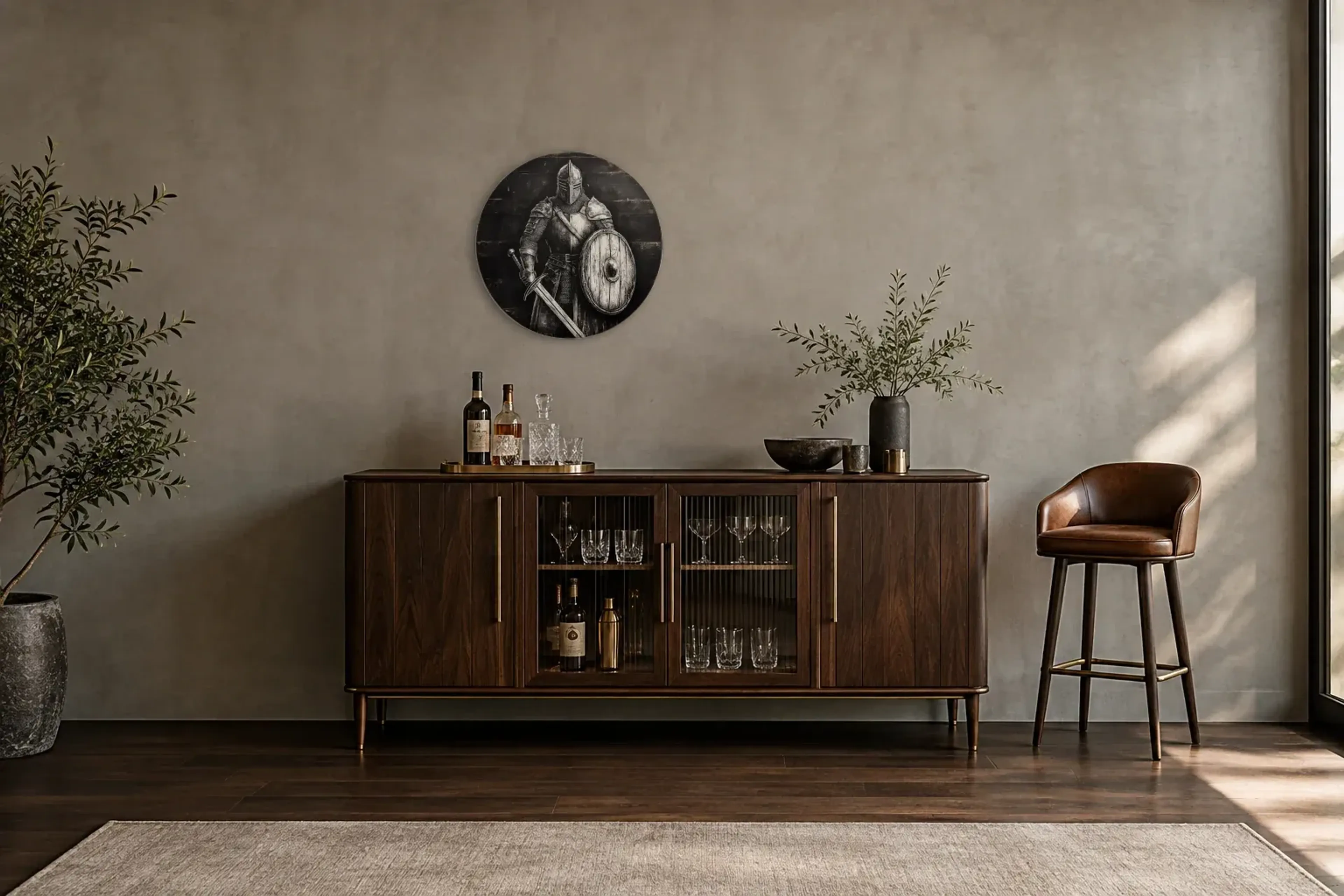 Ritter mit Schild als Wandbild über einem 150-cm-Barschrank