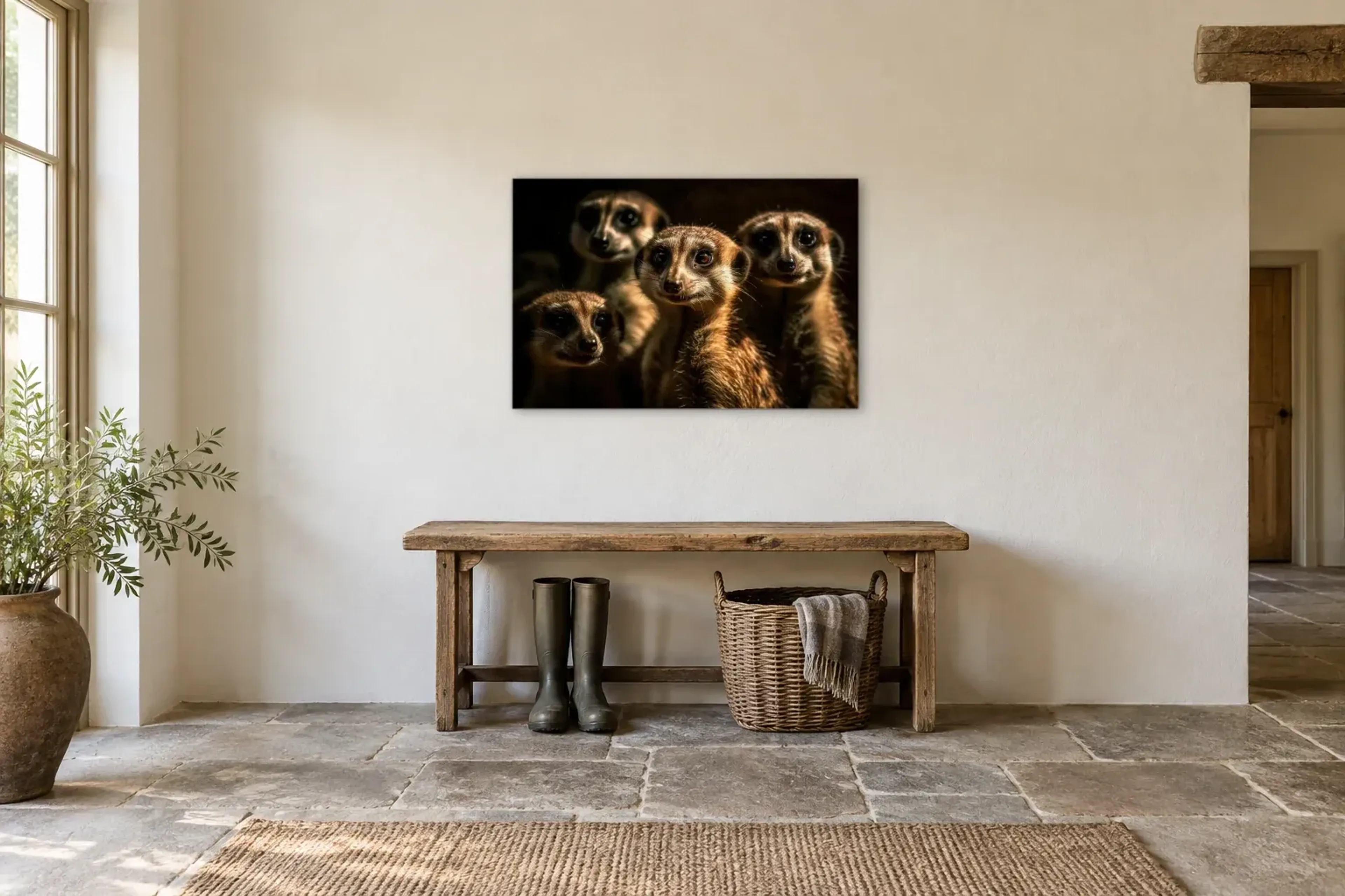 Erdmännchen Gruppe als Wandbild über einer 120-cm-Bank