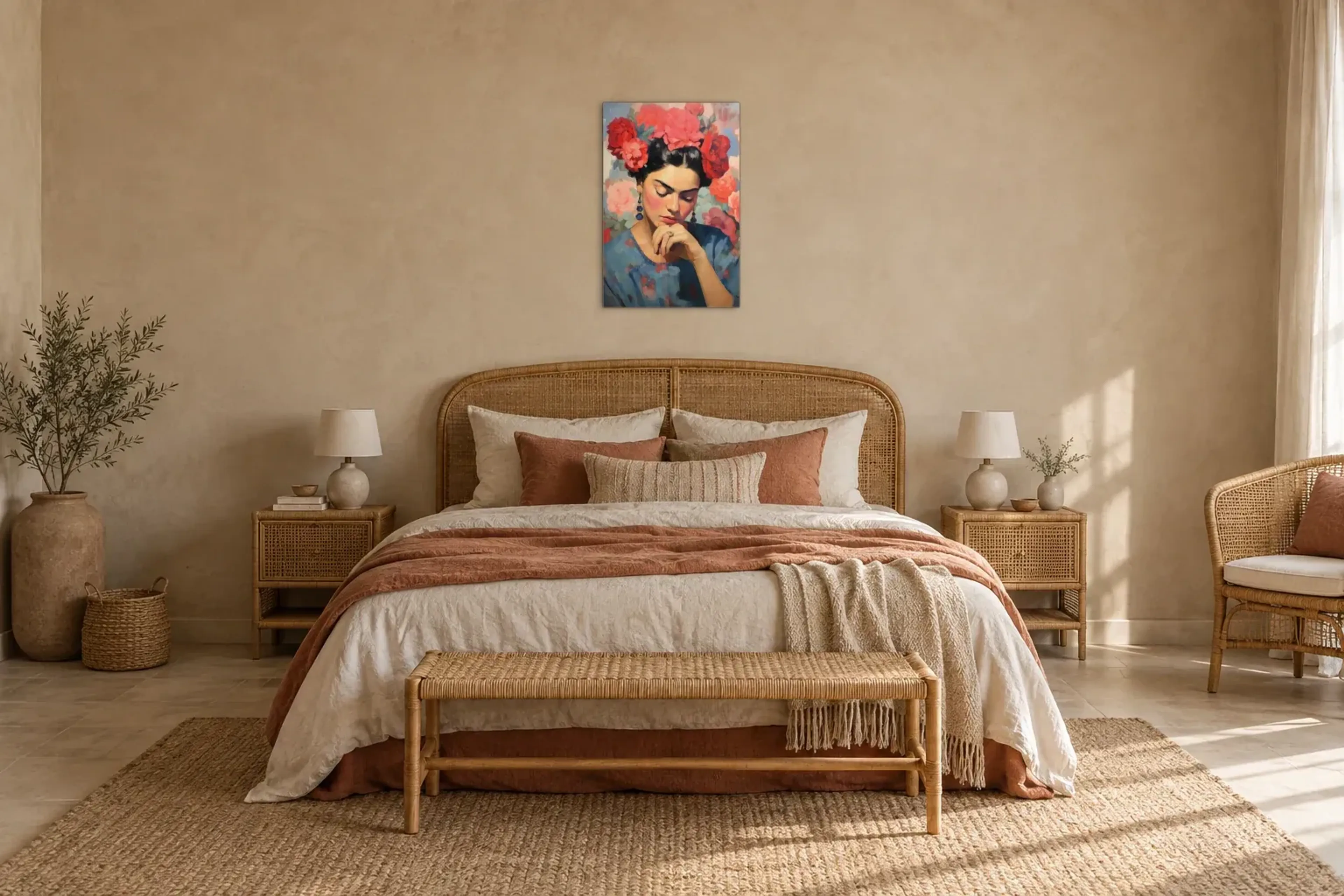 Frau unter roten Blüten als Wandbild über einem 180-cm-Bett