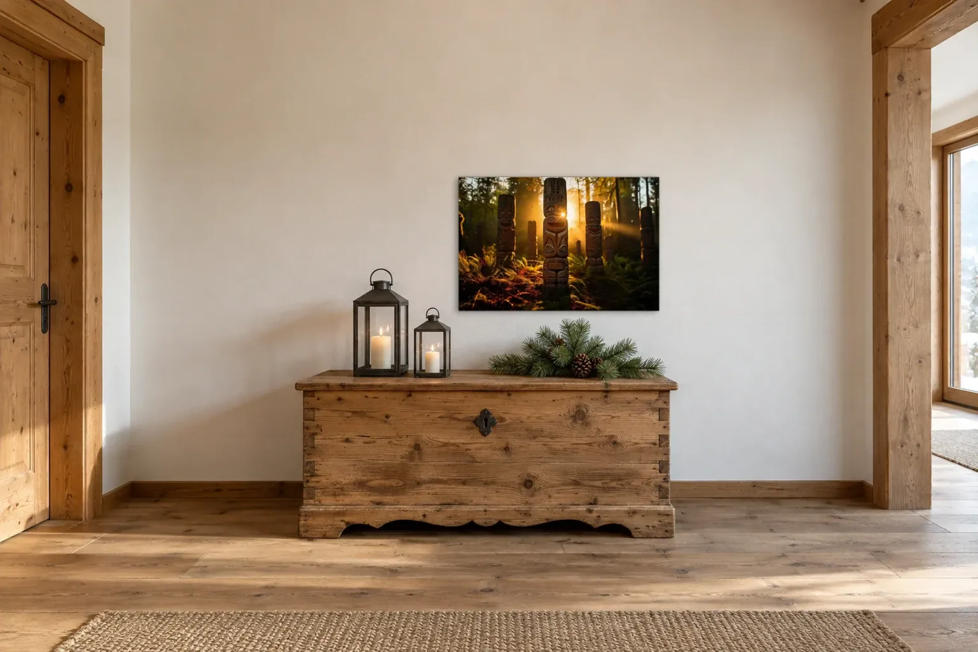 Tiki im Wald als Wandbild über einer 140-cm-Truhe