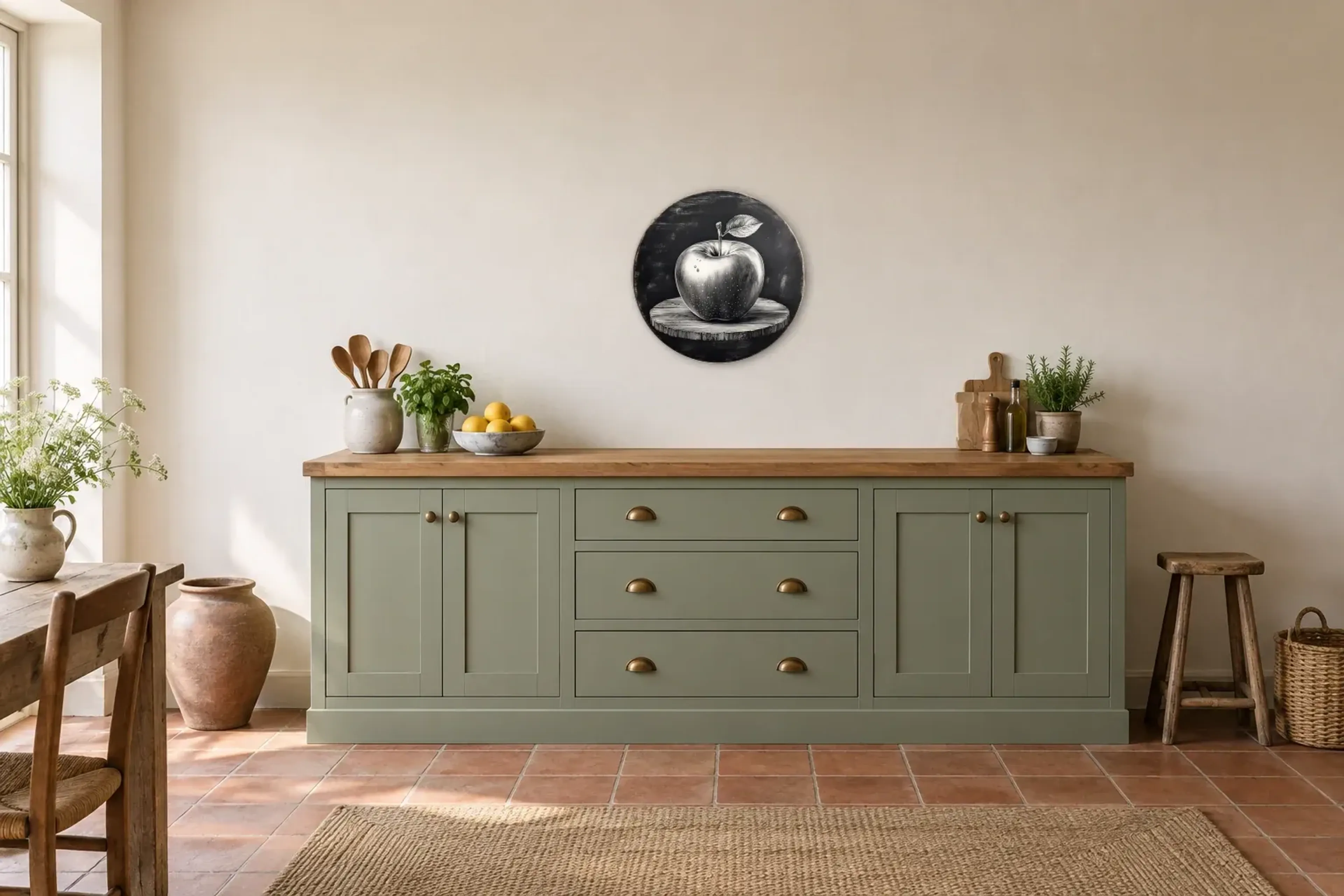 Apfel mit Blatt als Wandbild über einer 200-cm-Arbeitsplatte