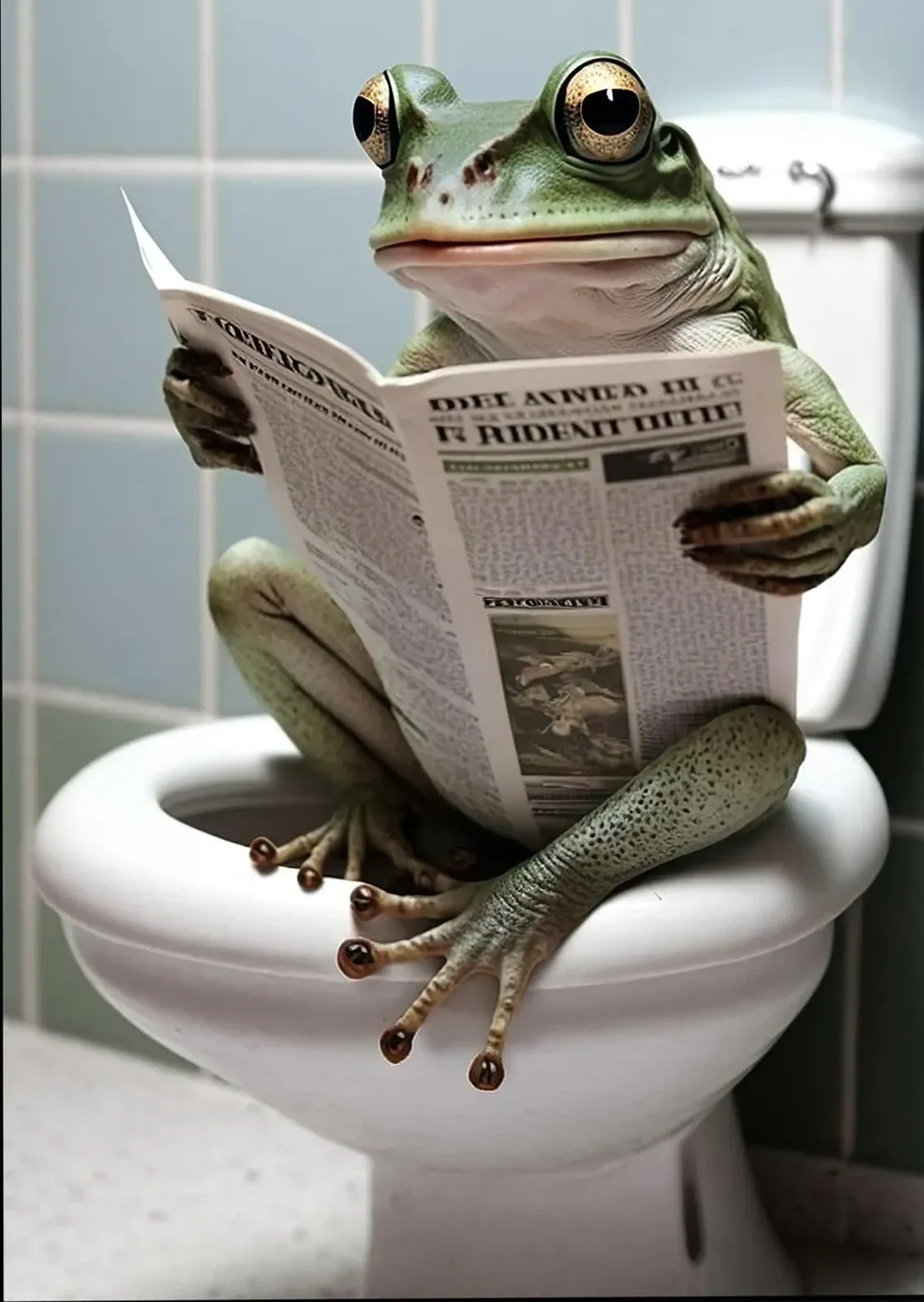 Grüner Frosch sitzt mit aufgeschlagener Zeitung und langen ausgestreckten Zehen auf einer Toilette vor blauen Fliesen.