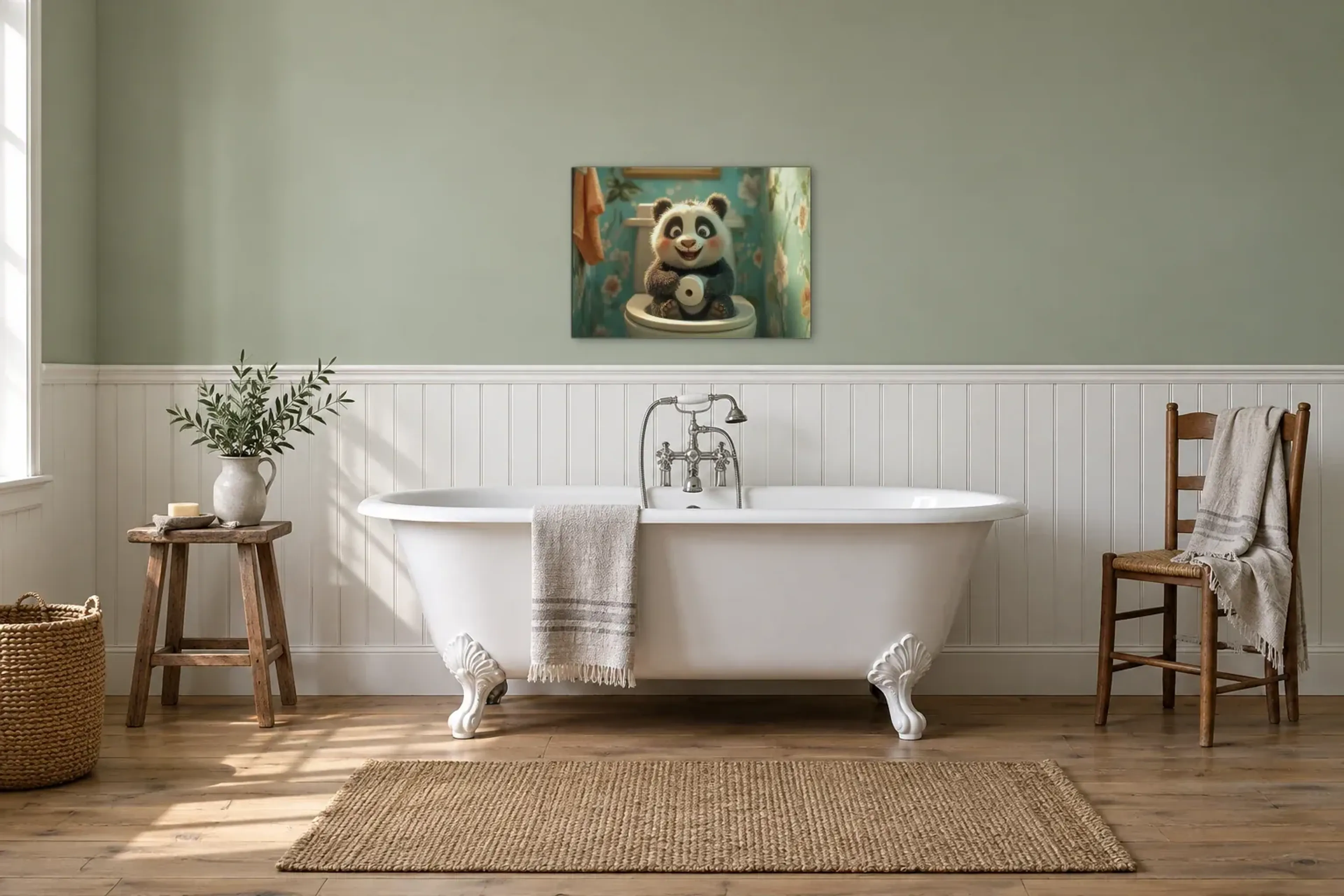 Panda mit Papierrolle als Wandbild über einer 170-cm-Badewanne