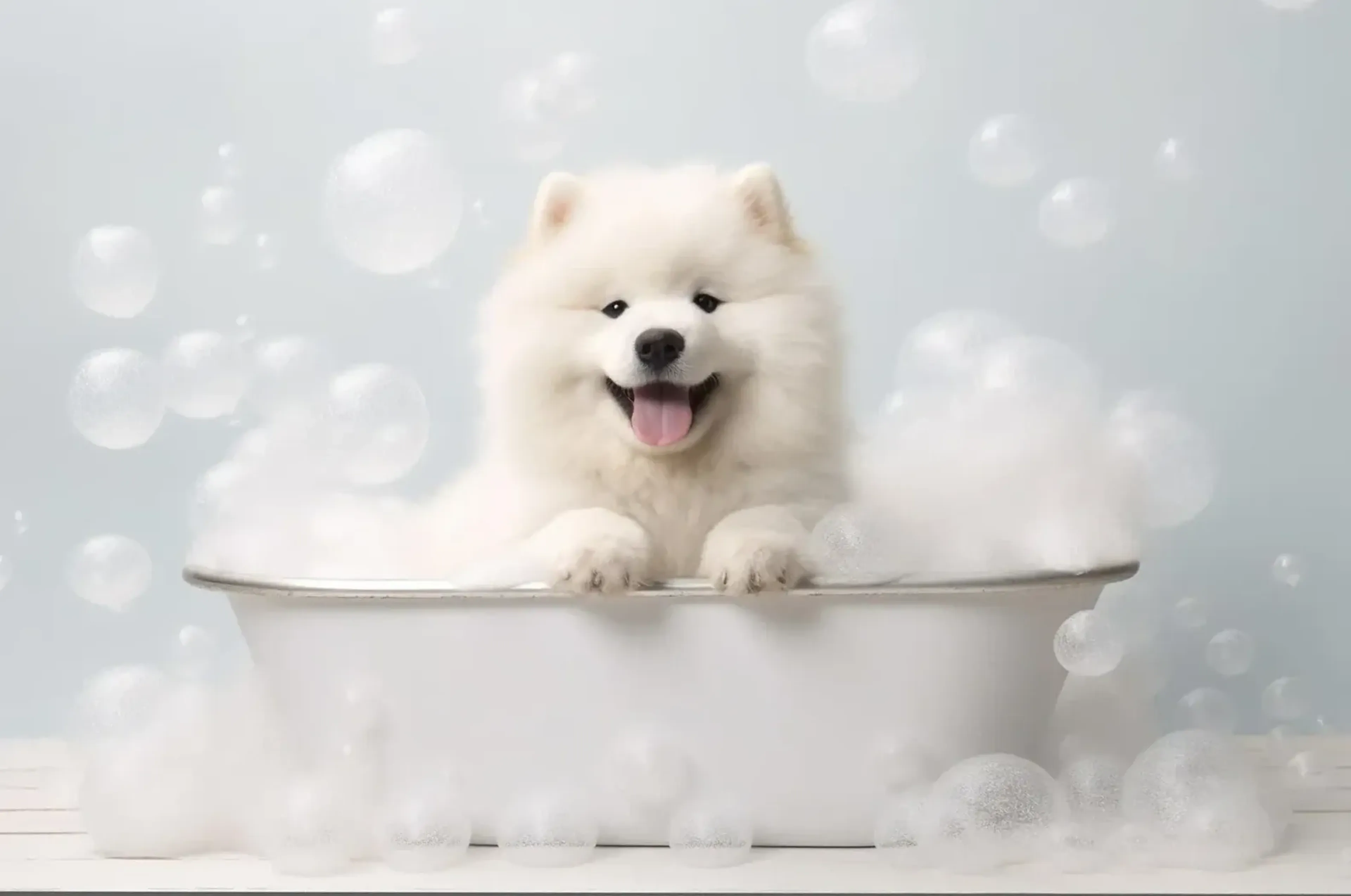 Ein weißer Samojede sitzt mit den Pfoten auf dem Rand einer weißen Badewanne zwischen Schaum und Seifenblasen.