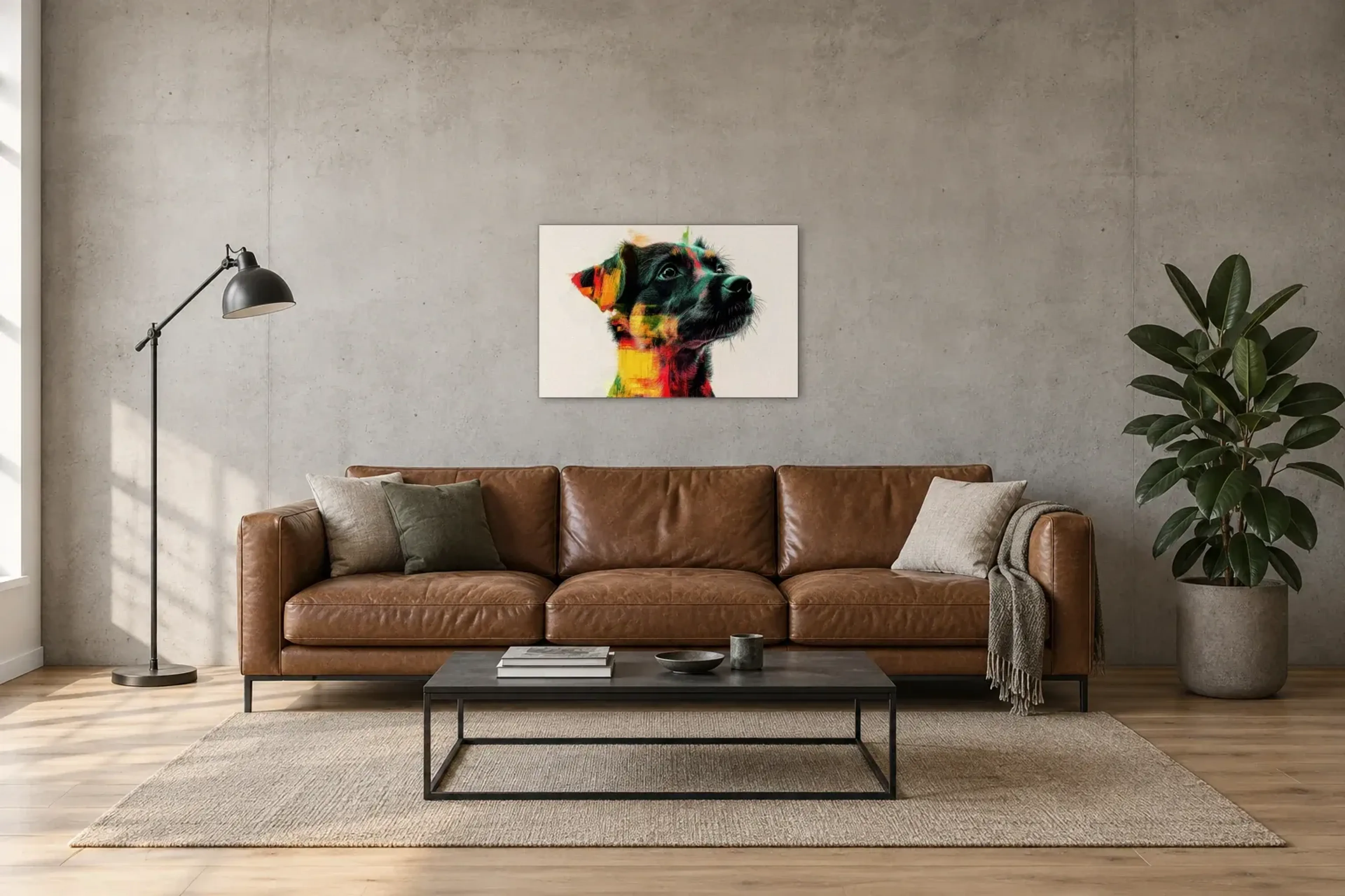 Mischling in Farbe als Wandbild über einem 220-cm-Sofa