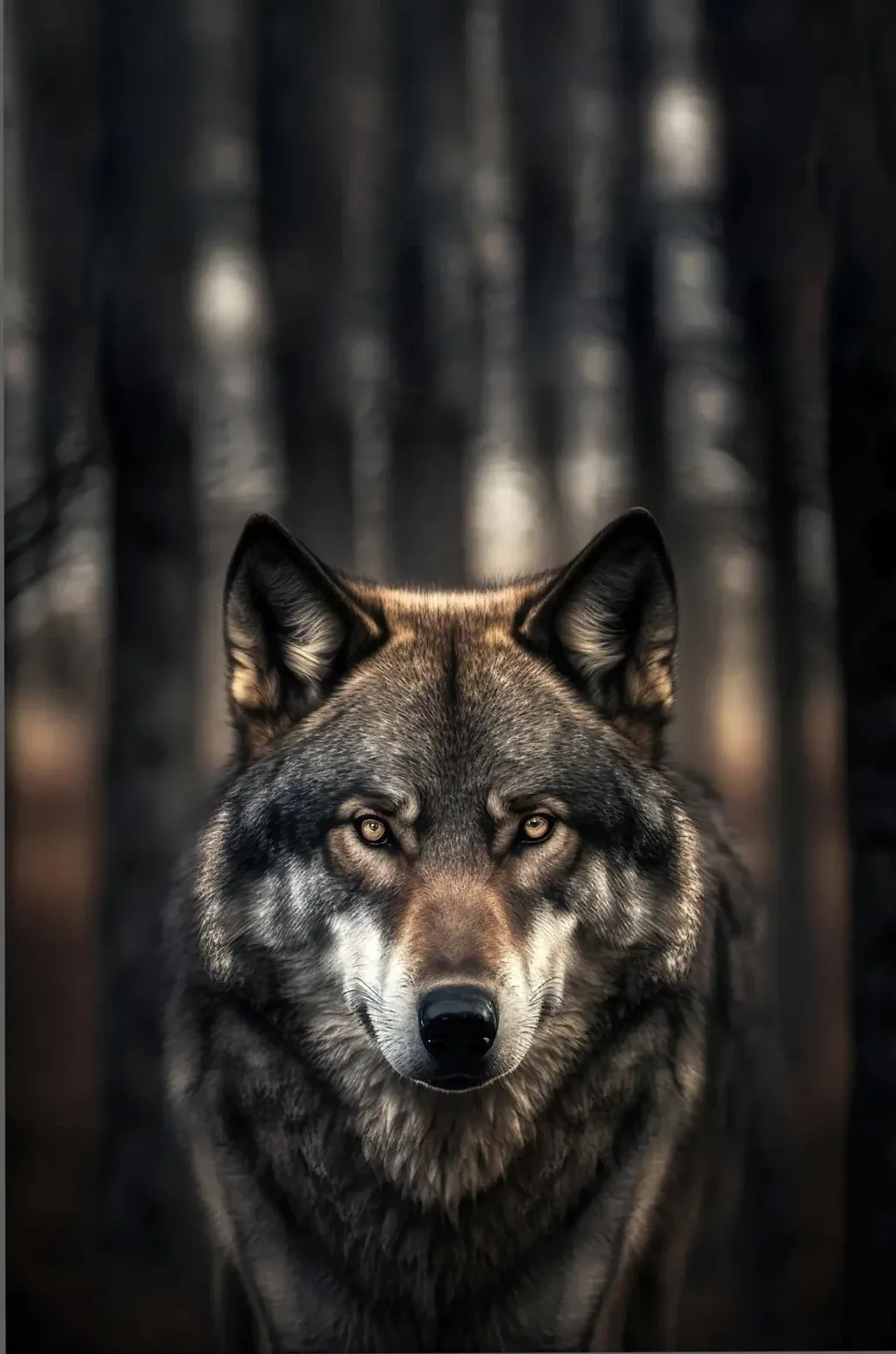 Ein grau-brauner Wolf blickt frontal nach vorn, hinter ihm stehen unscharfe dunkle Baumstämme.