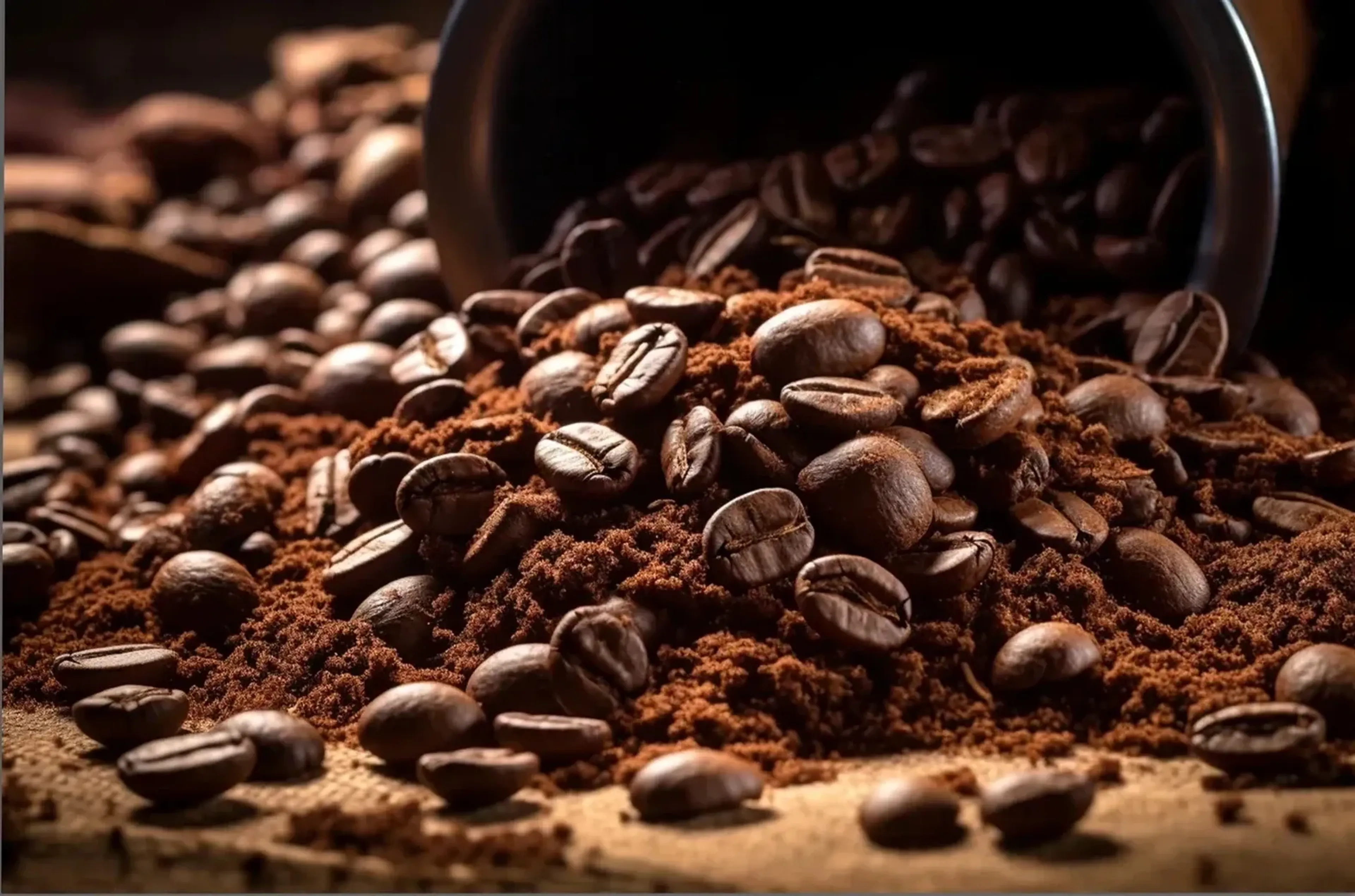 Kaffeebohnen und gemahlener Kaffee häufen sich vor einer umgekippten dunklen Dose im warmen Licht.