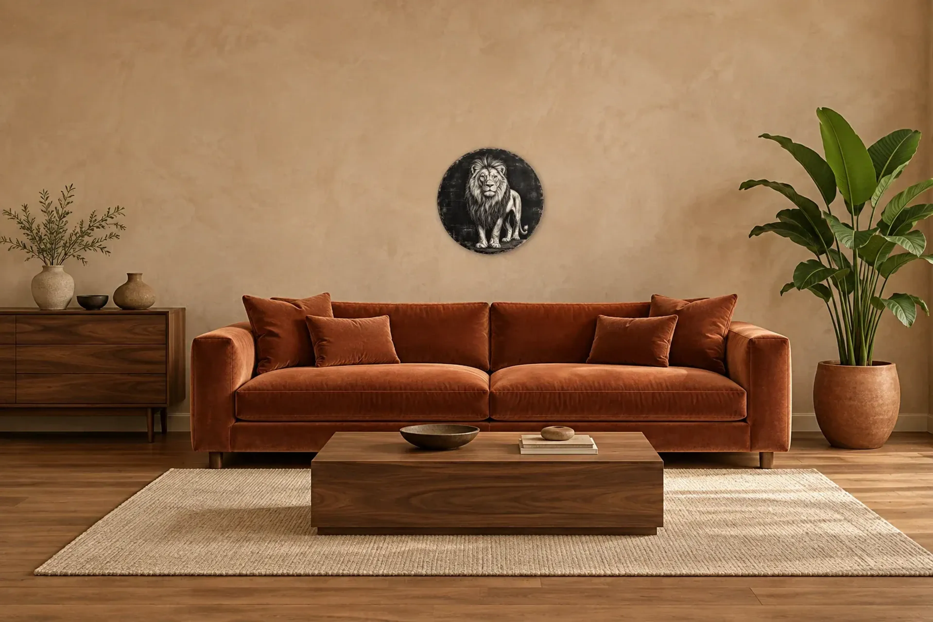 Löwe mit Mähne als Wandbild über einem 220-cm-Sofa
