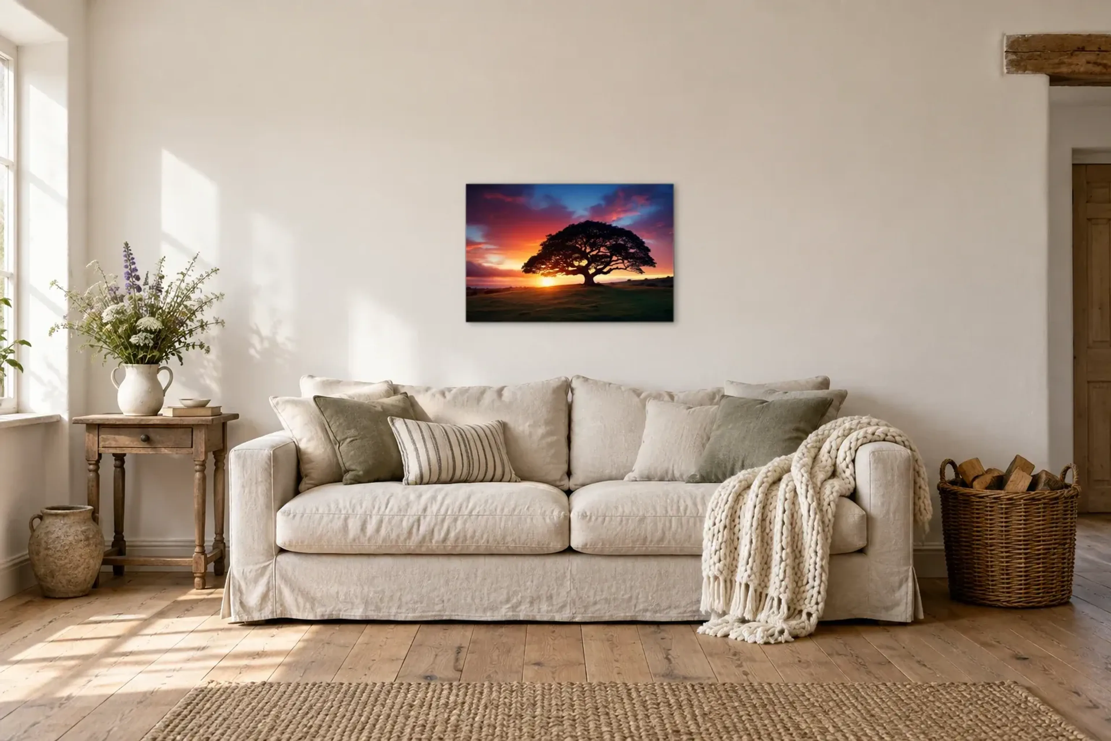 Baum im Abendrot als Wandbild über einem 220-cm-Sofa