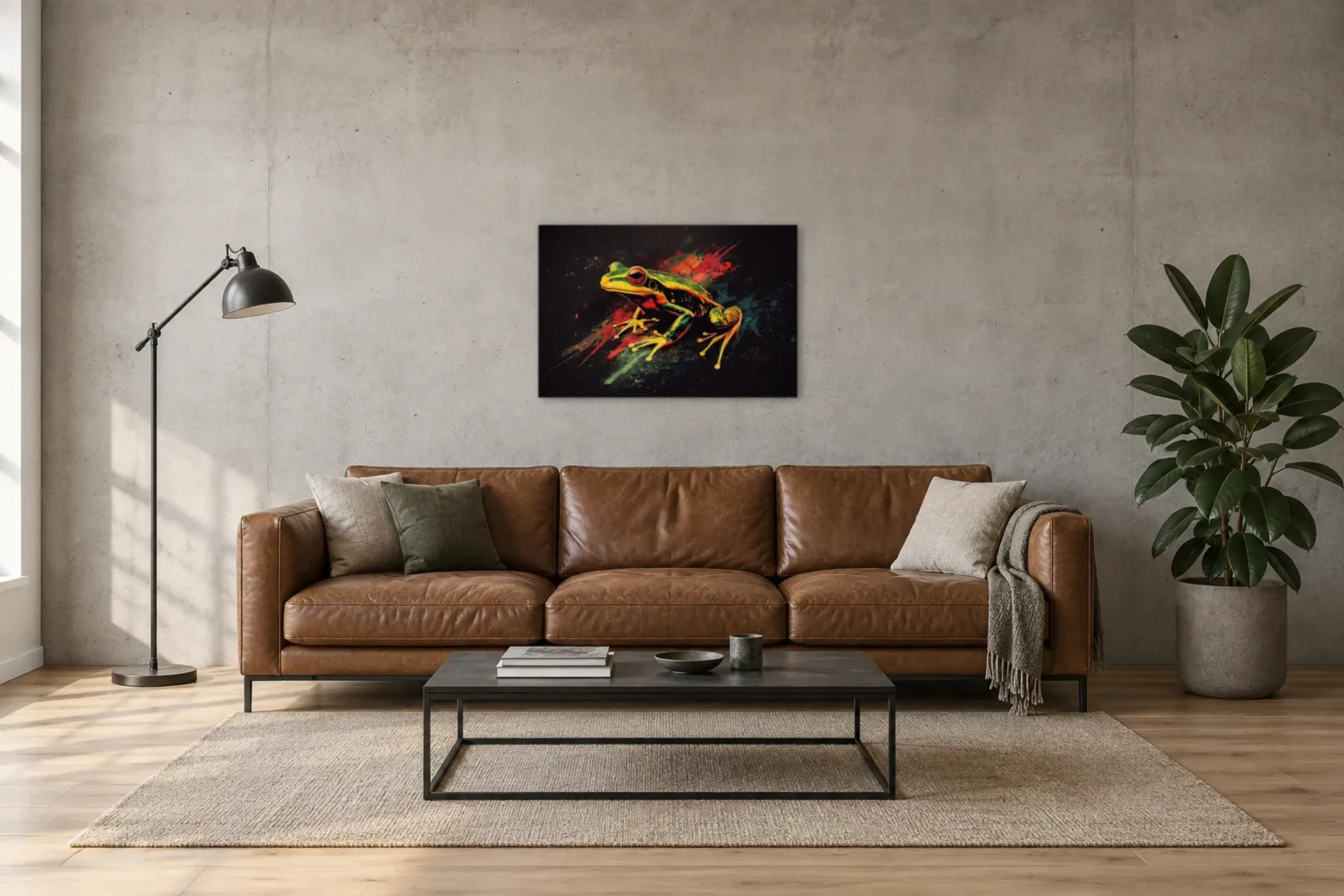 Frosch im Farbsprung als Wandbild über einem 220-cm-Sofa