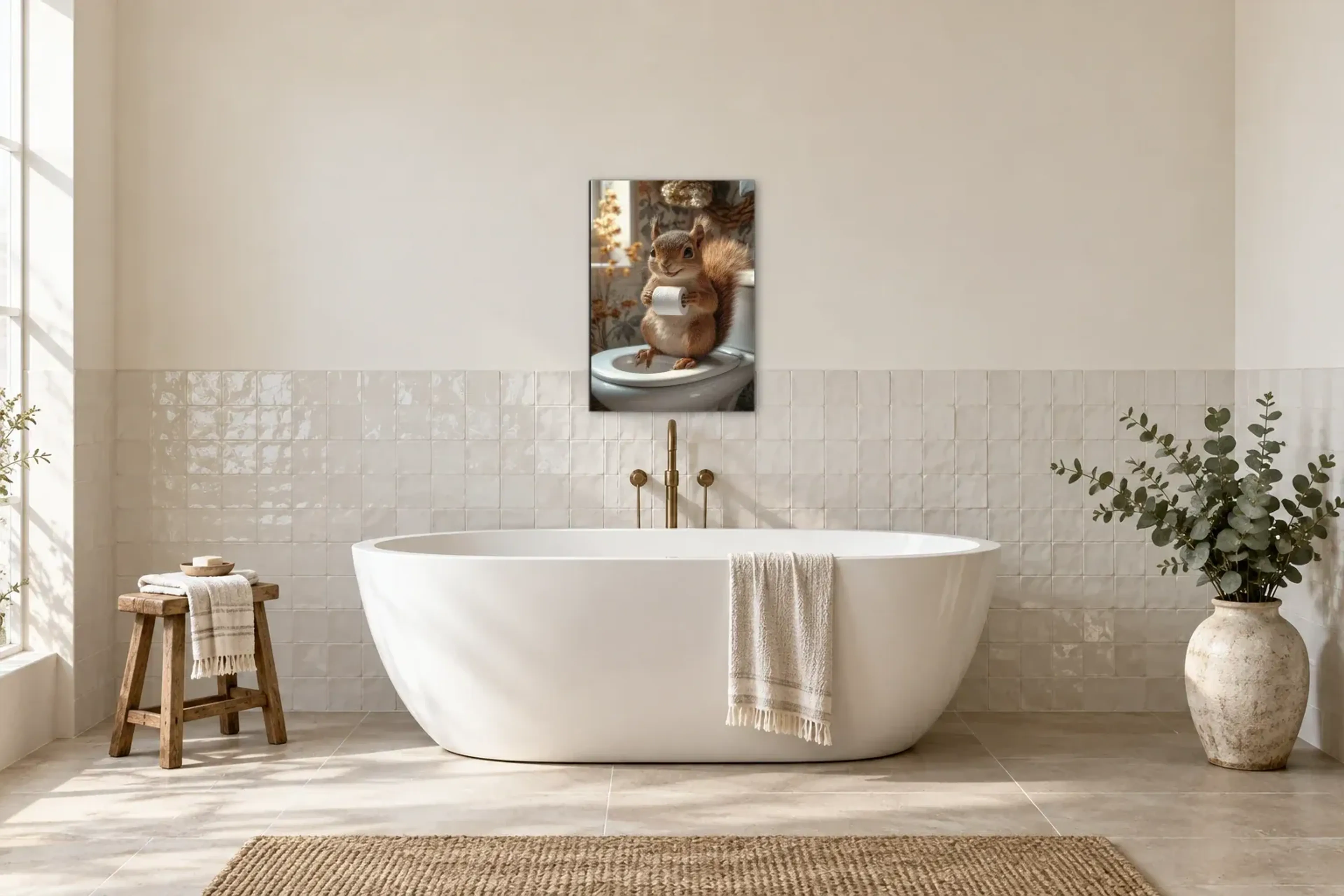 Eichhörnchen mit Toilettenpapier als Wandbild über einer 170-cm-Badewanne