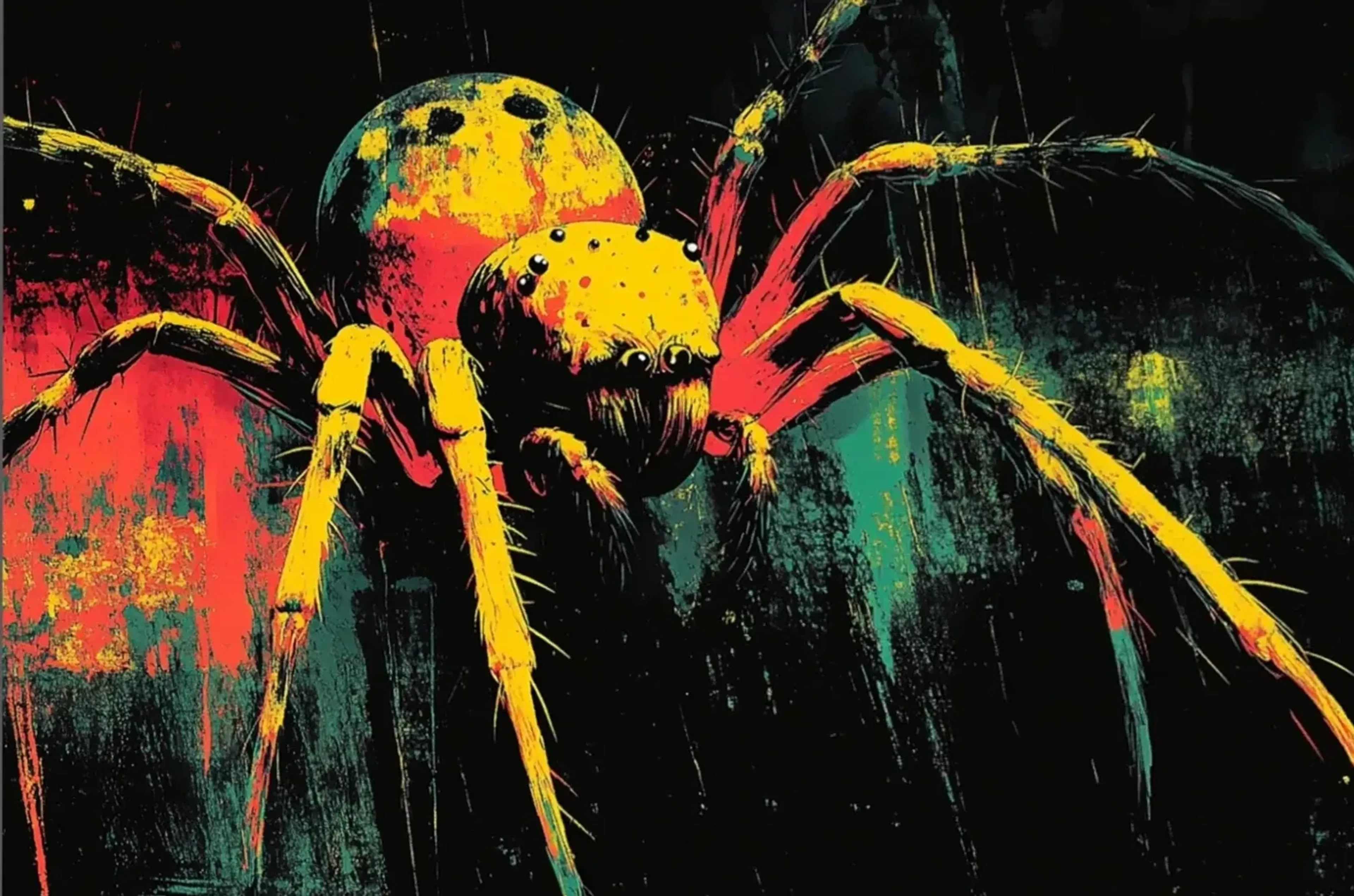 Spinne in Gelb und Rot – Motiv als Wandbild auf Holz