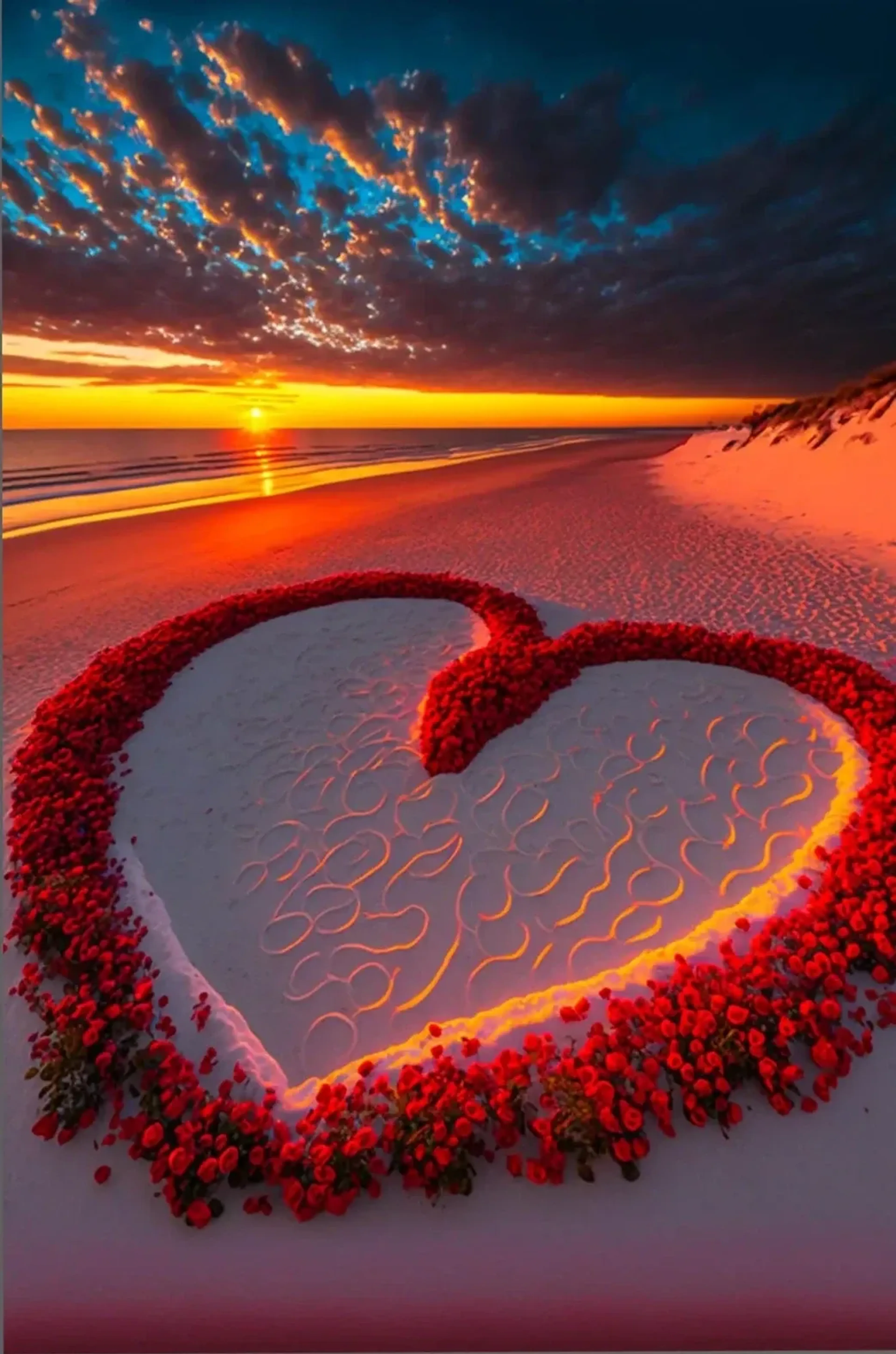 Ein großes Herz aus roten Rosen im Strandsand vor dem Meer und einem orange-blauen Himmel bei Sonnenuntergang.
