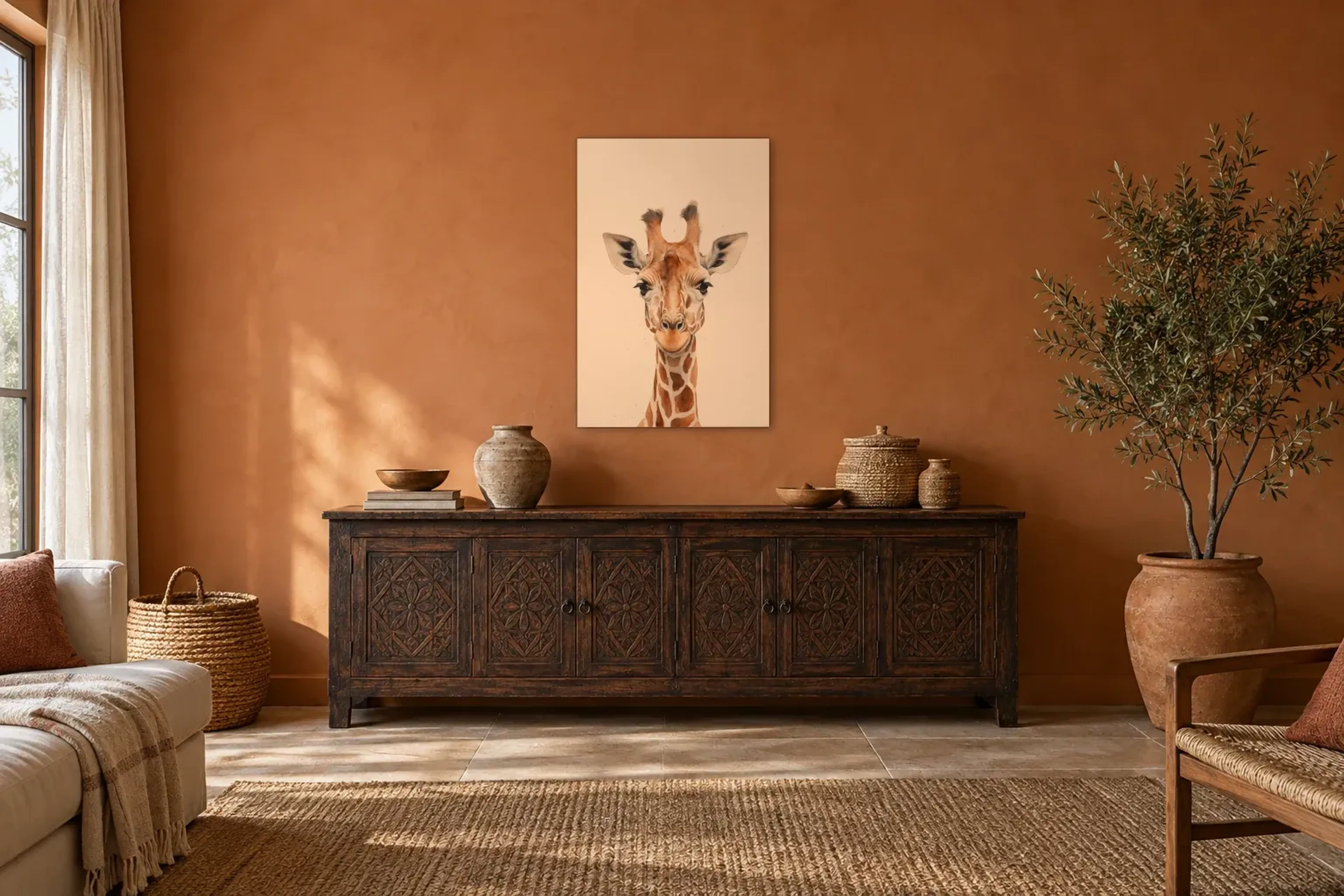 Giraffe mit wachem Blick als Wandbild über einem 180-cm-Sideboard