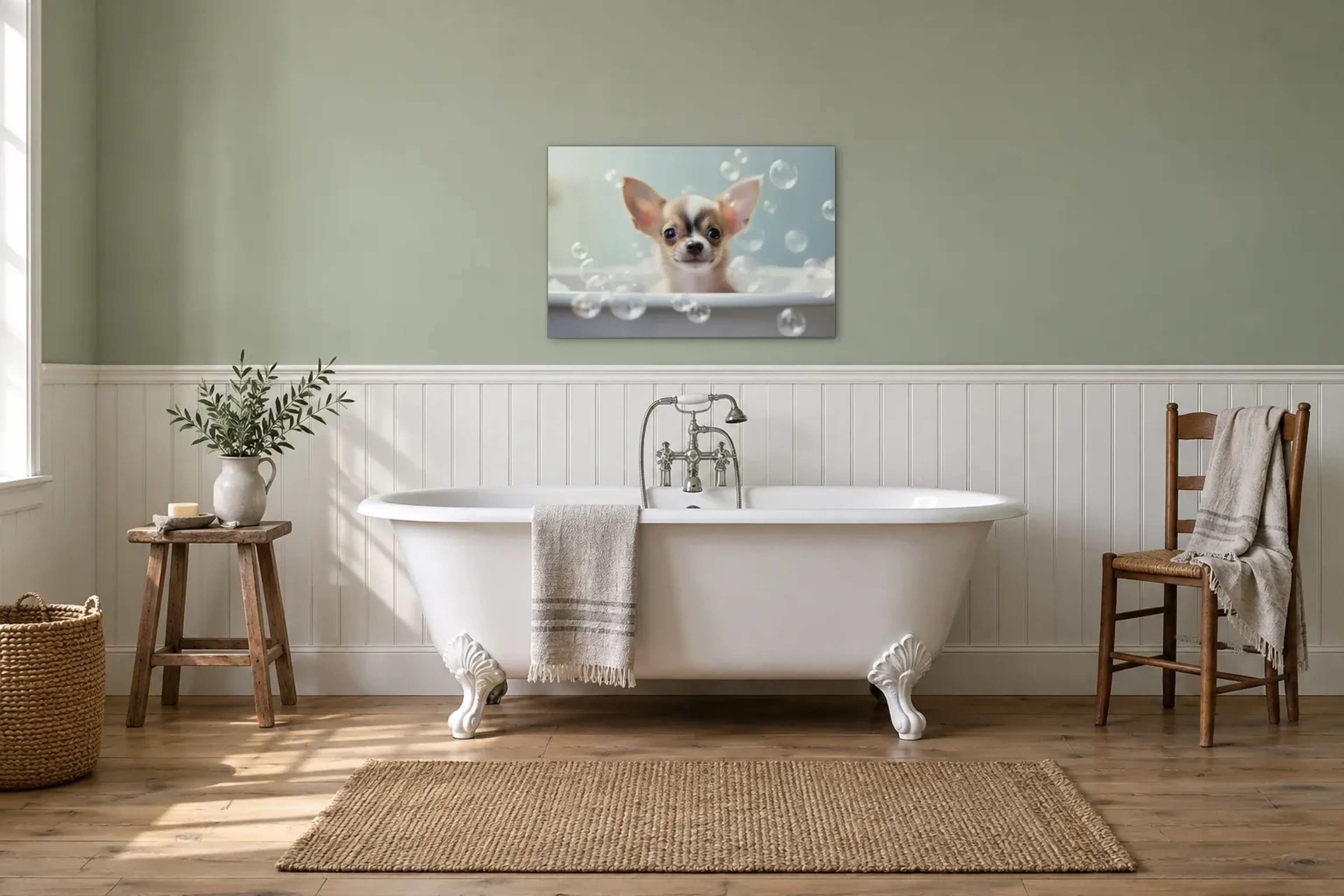 Chihuahua im Schaumbad als Wandbild über einer 170-cm-Badewanne