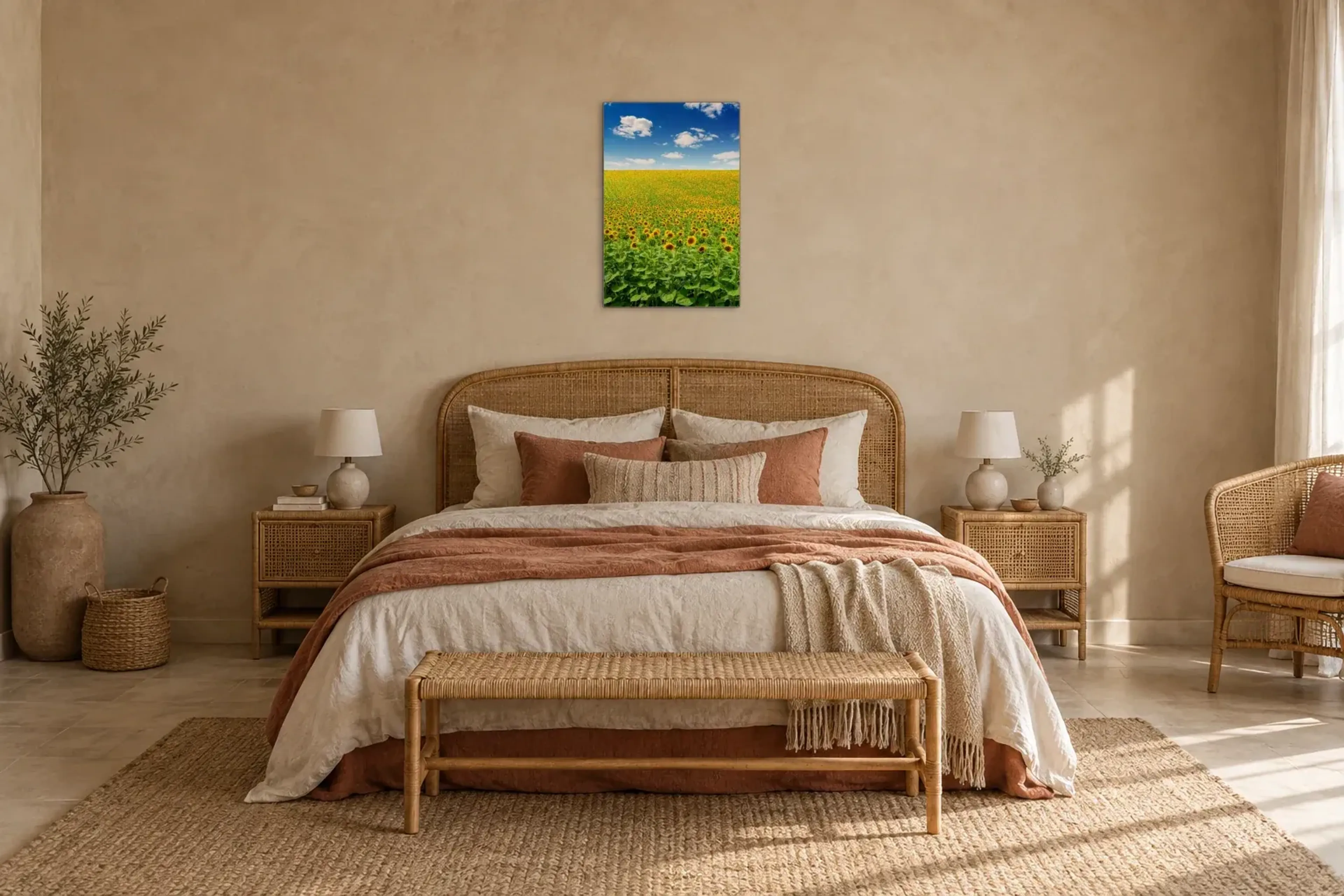 Sonnenblumen unter blauem Himmel als Wandbild über einem 180-cm-Bett