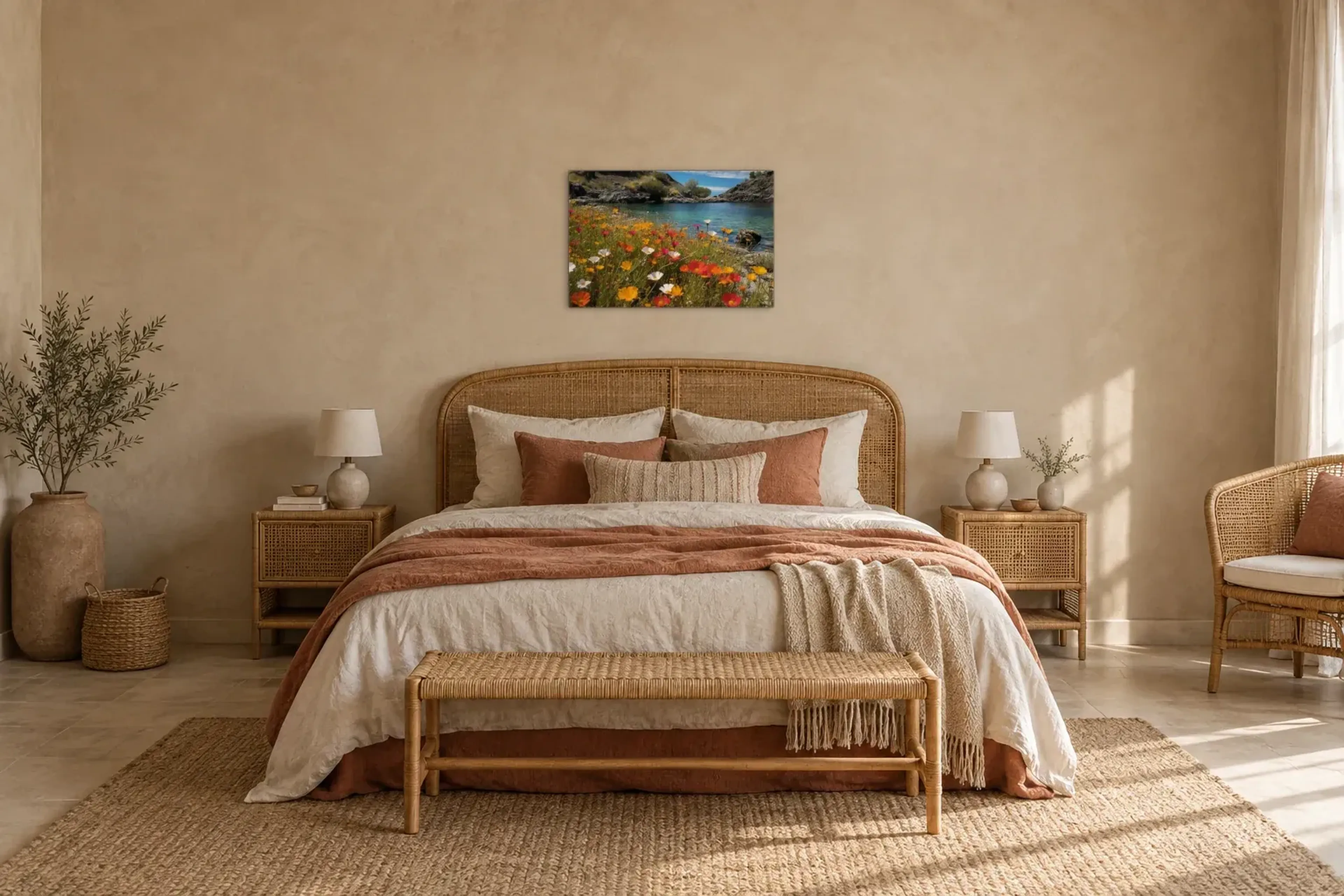 Blumenwiese am Wasser als Wandbild über einem 180-cm-Bett
