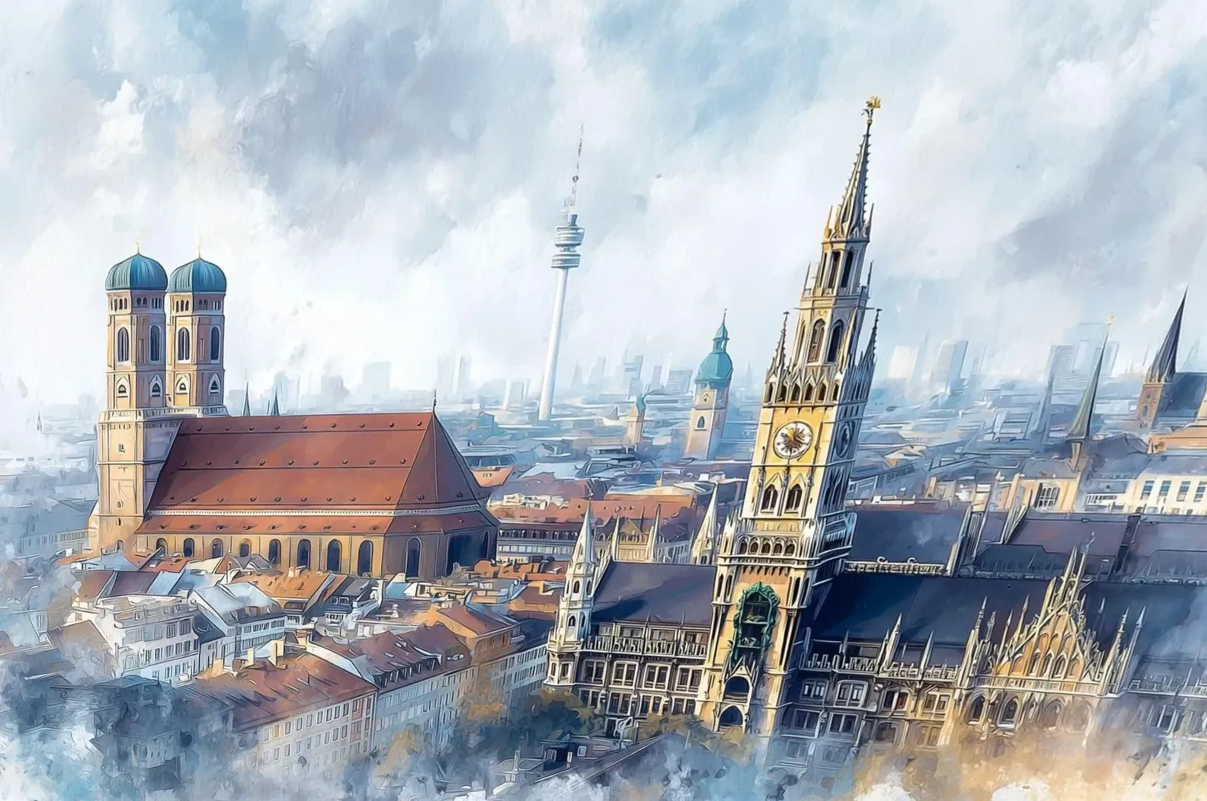 Münchner Stadtansicht mit Frauenkirche und Rathausturm in weichen Blau-, Weiß- und warmen Rottönen.