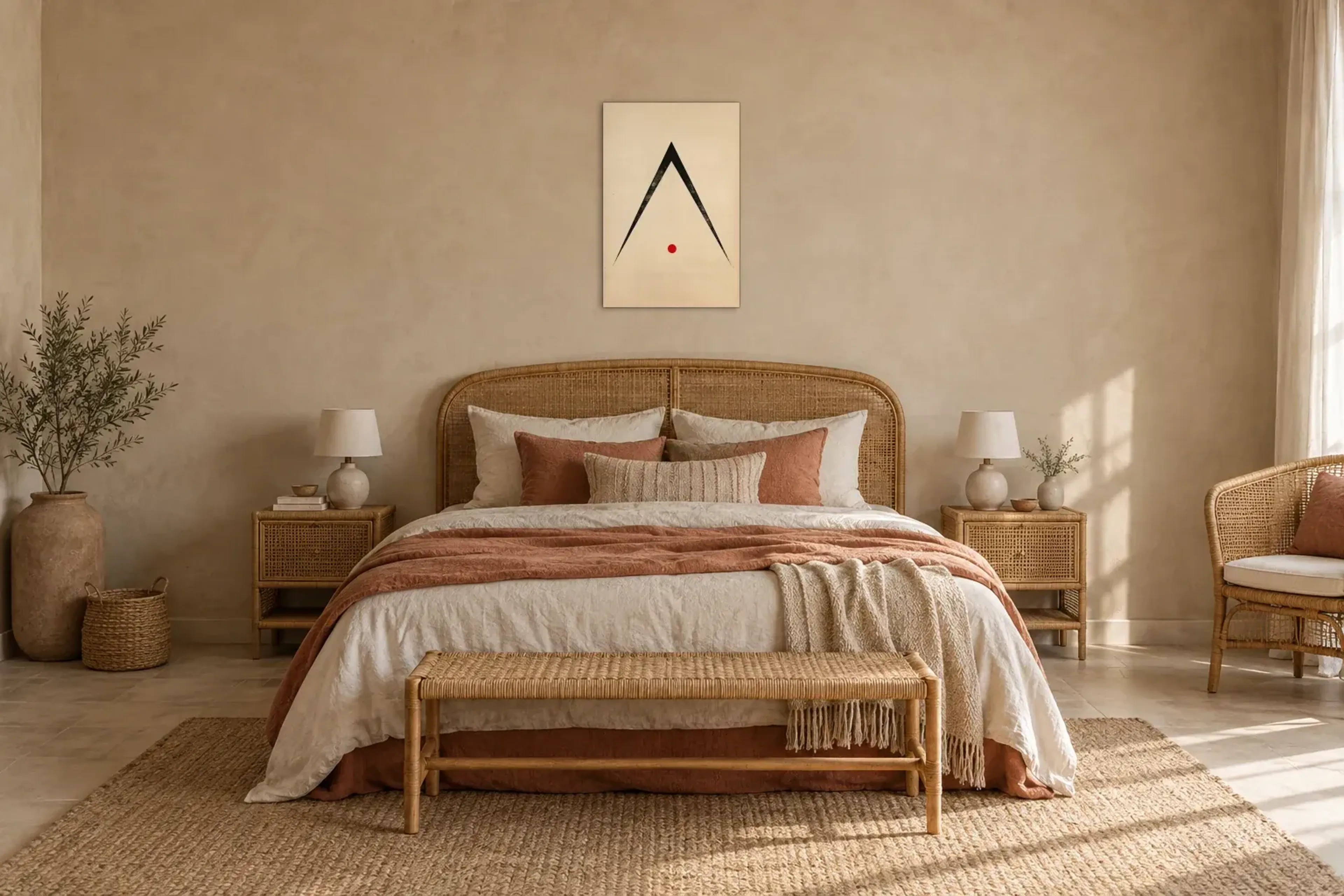 Winkel mit rotem Punkt als Wandbild über einem 180-cm-Bett