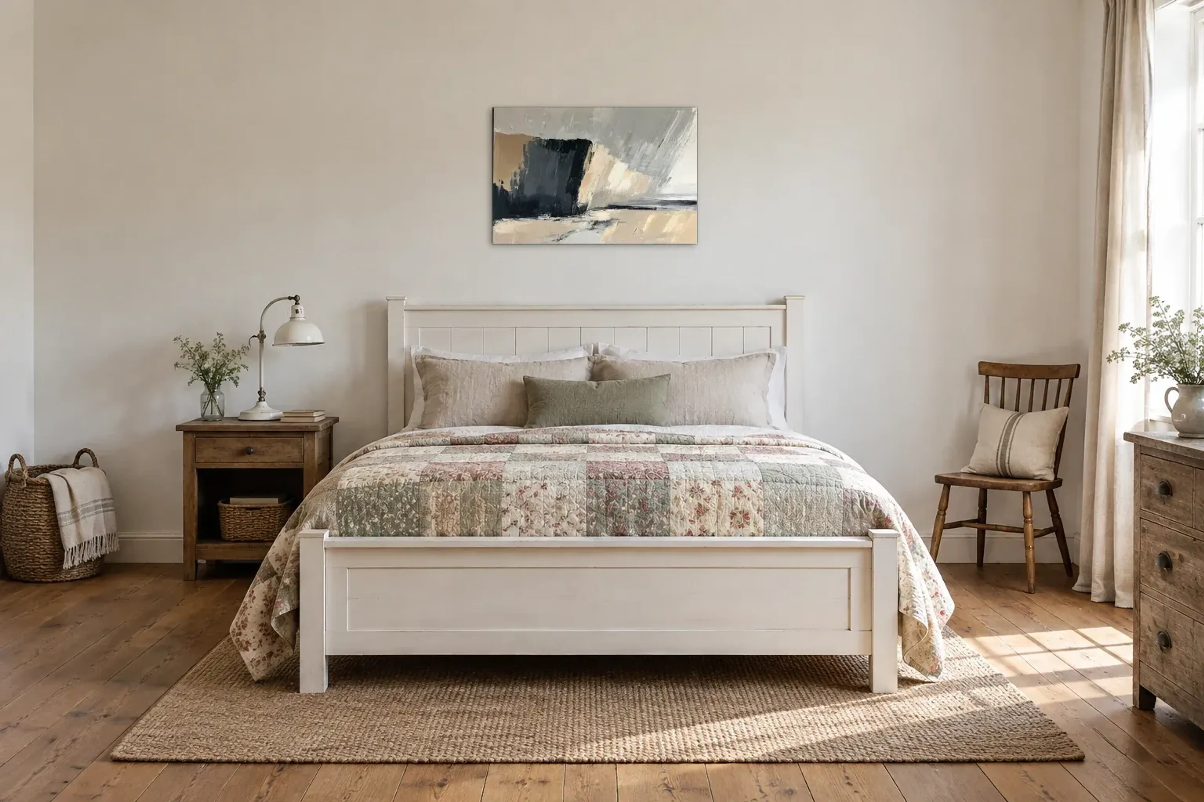 Abstrakte Klippen als Wandbild über einem 160-cm-Bett
