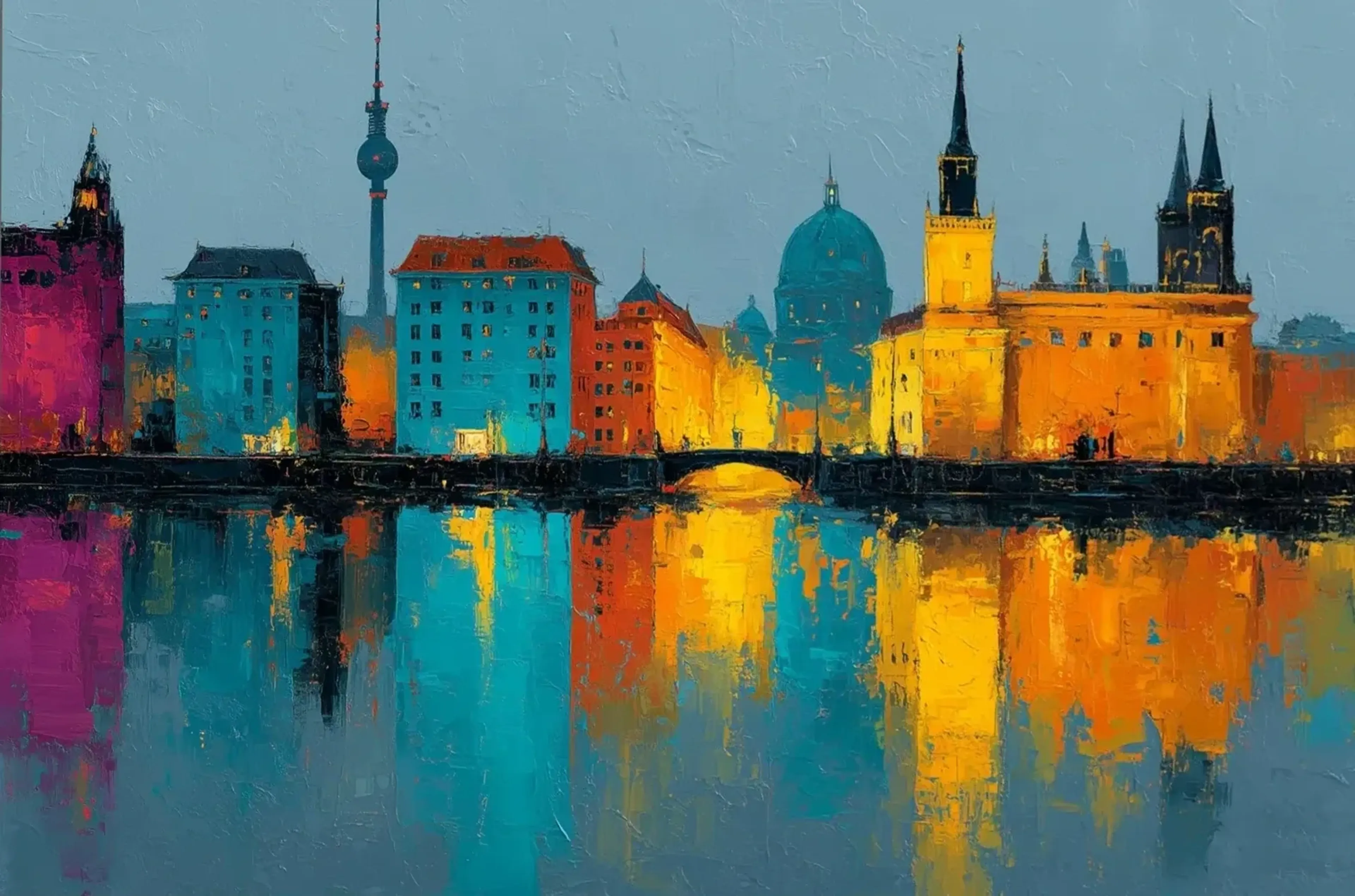 Bunte Häuser, Kuppeln und Türme mit einer kleinen Brücke spiegeln sich unter blaugrauem Himmel im Wasser.