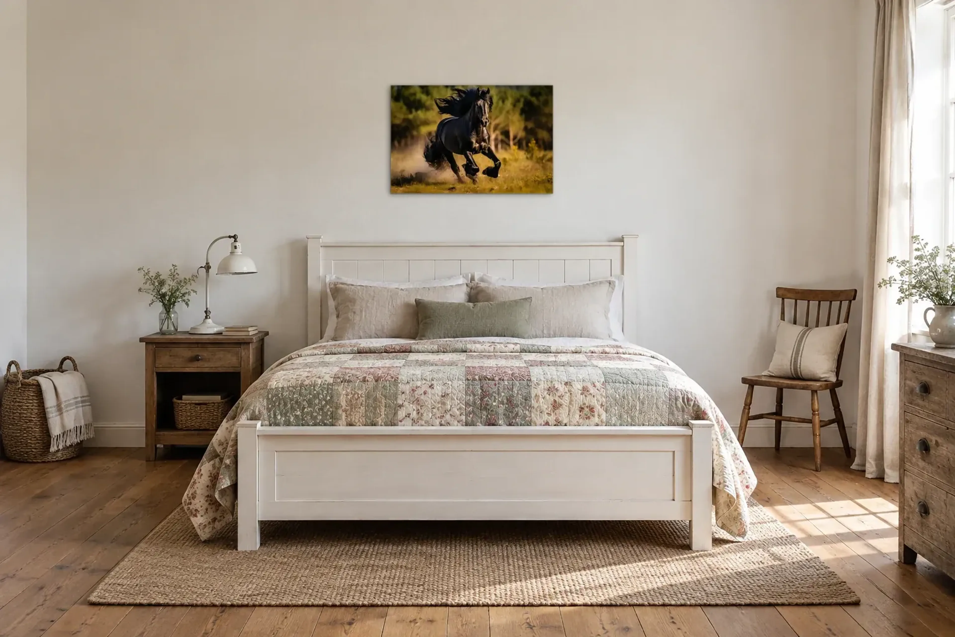 Schwarzes Pferd im Galopp als Wandbild über einem 160-cm-Bett