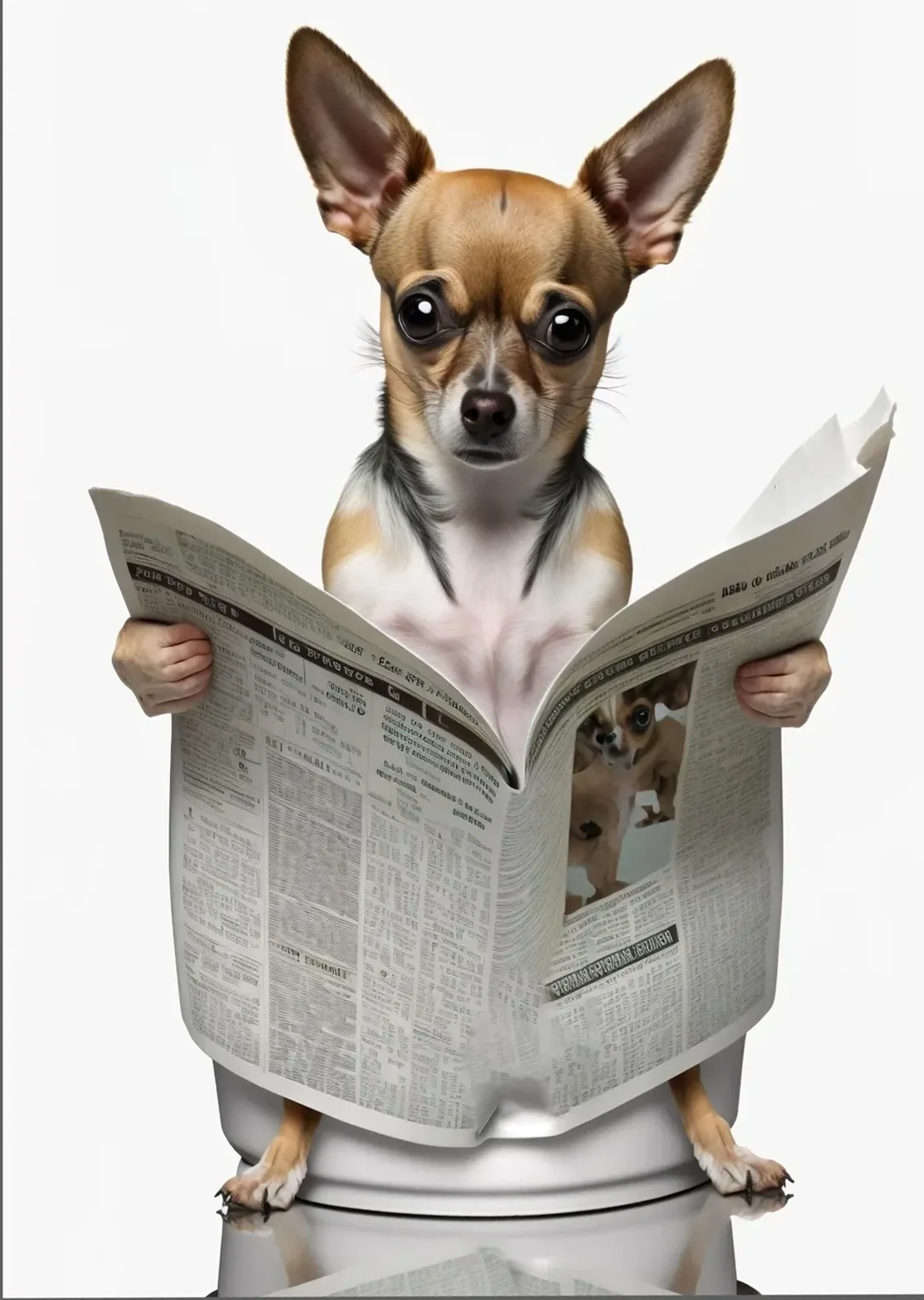 Ein braun-weißer Chihuahua sitzt mit einer aufgeschlagenen Zeitung auf einer Toilette vor hellem Hintergrund.