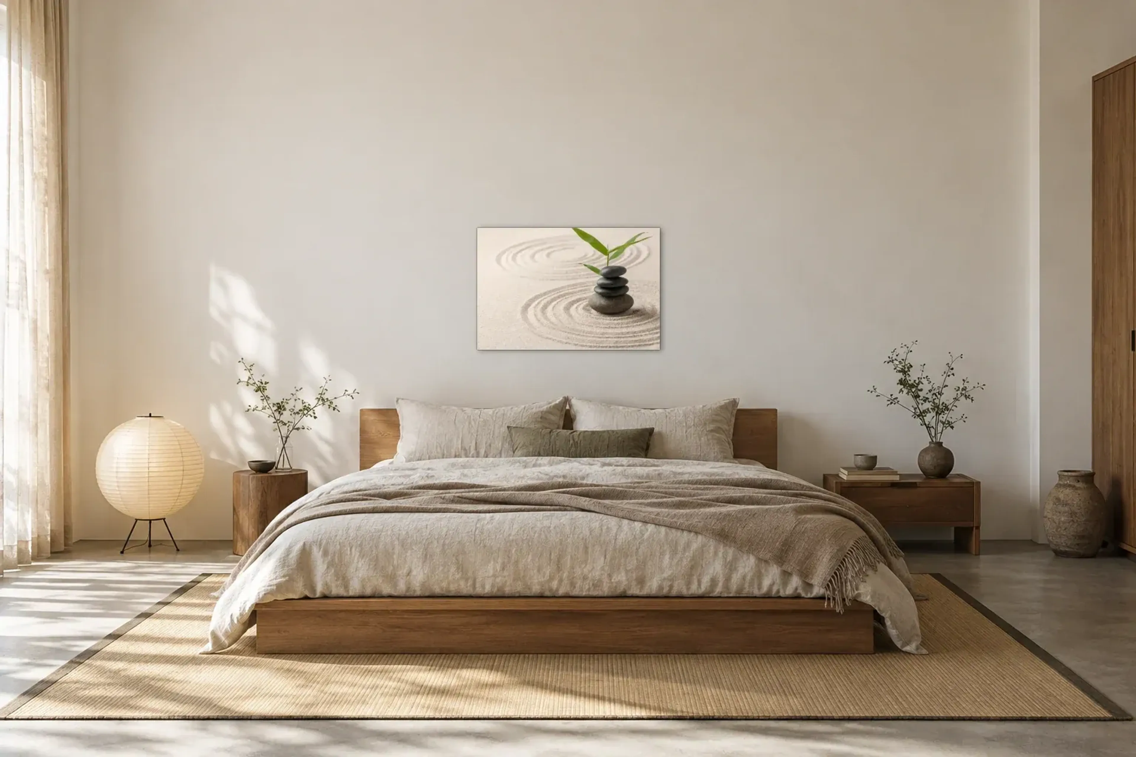 Steine im Sand als Wandbild über einem 180-cm-Bett