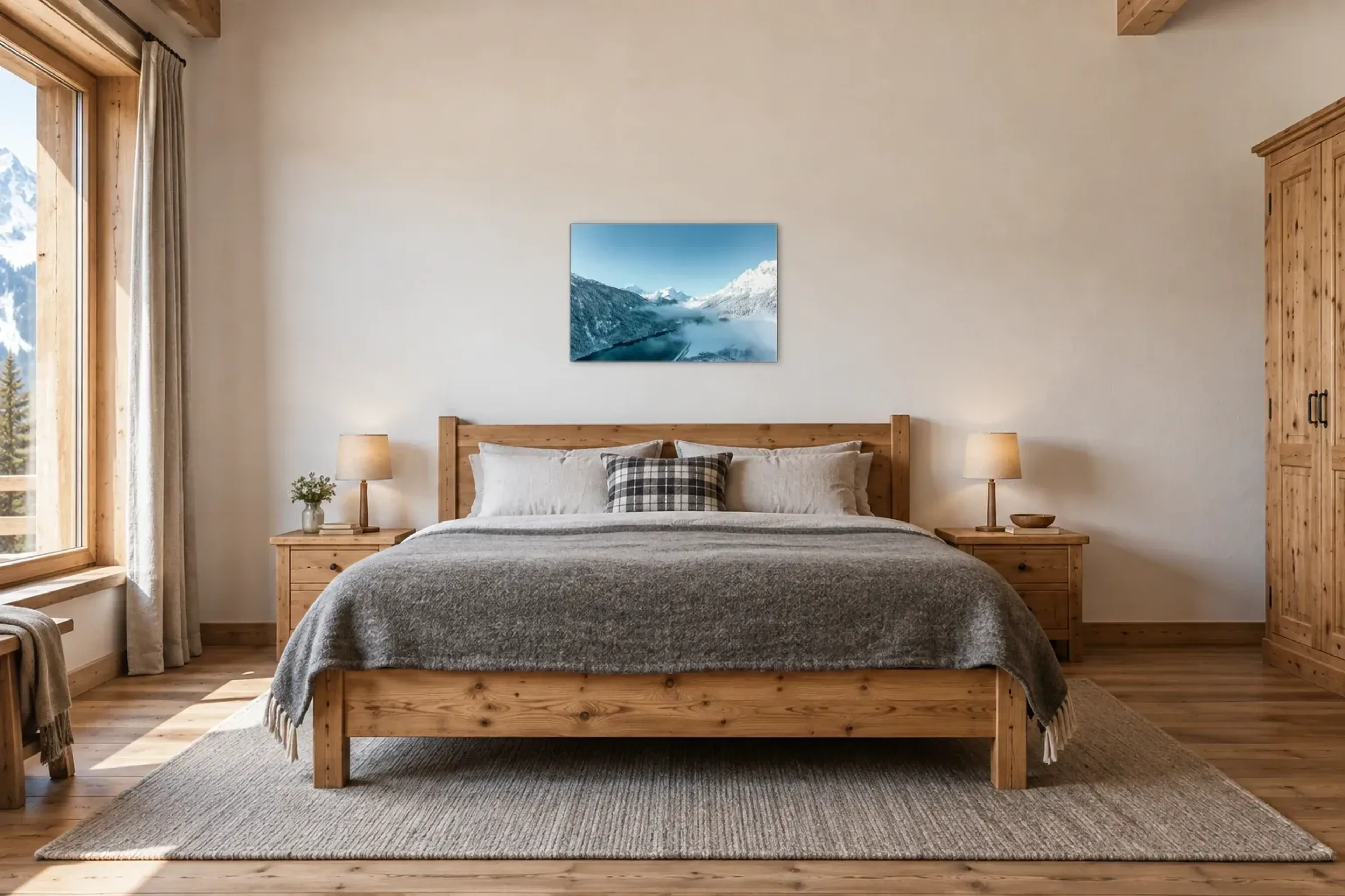 Wintersee im Nebel als Wandbild über einem 180-cm-Bett