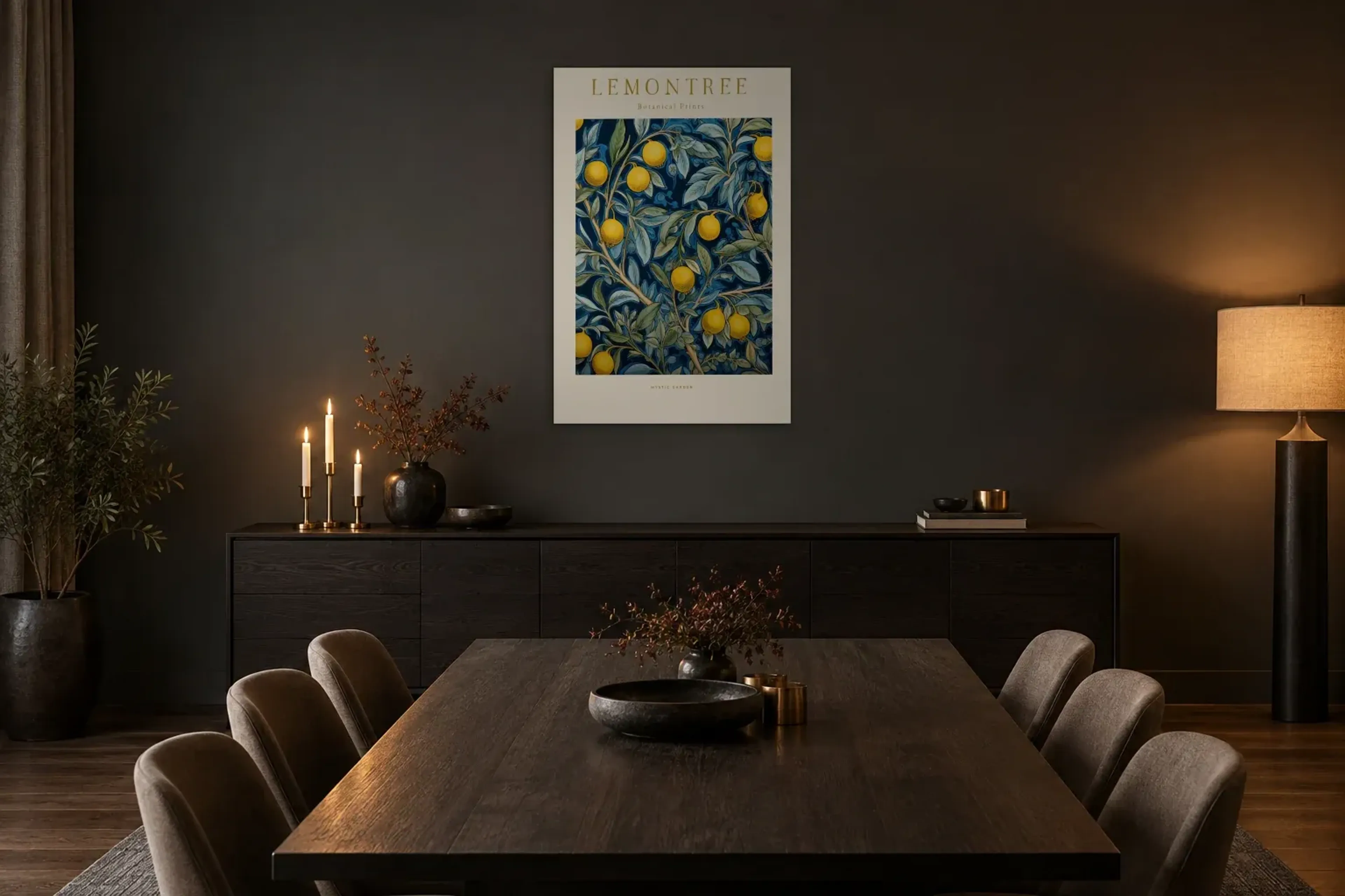 Zitronenzweige im Dunkelblau als Wandbild über einem 180-cm-Sideboard