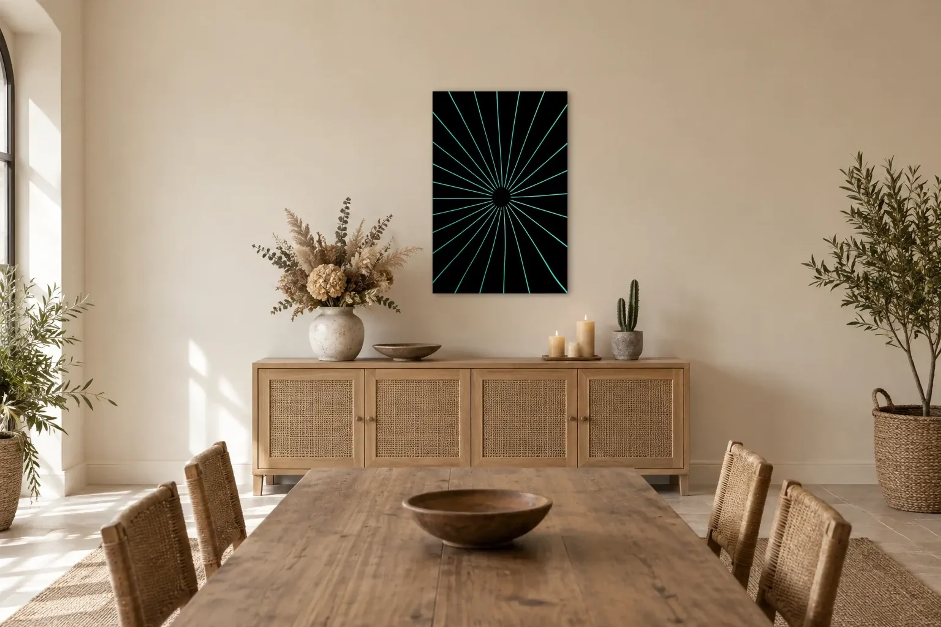 Türkise Strahlen als Wandbild über einem 160-cm-Sideboard