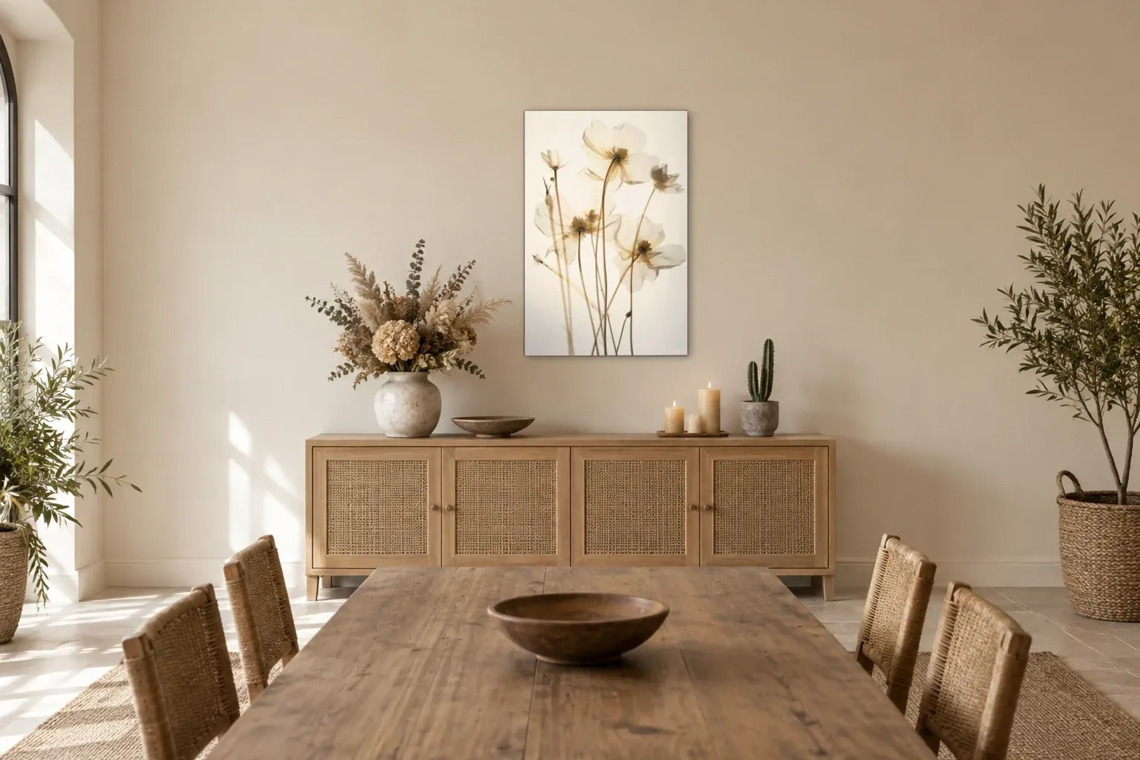 Zarte Blüten in Creme als Wandbild über einem 160-cm-Sideboard