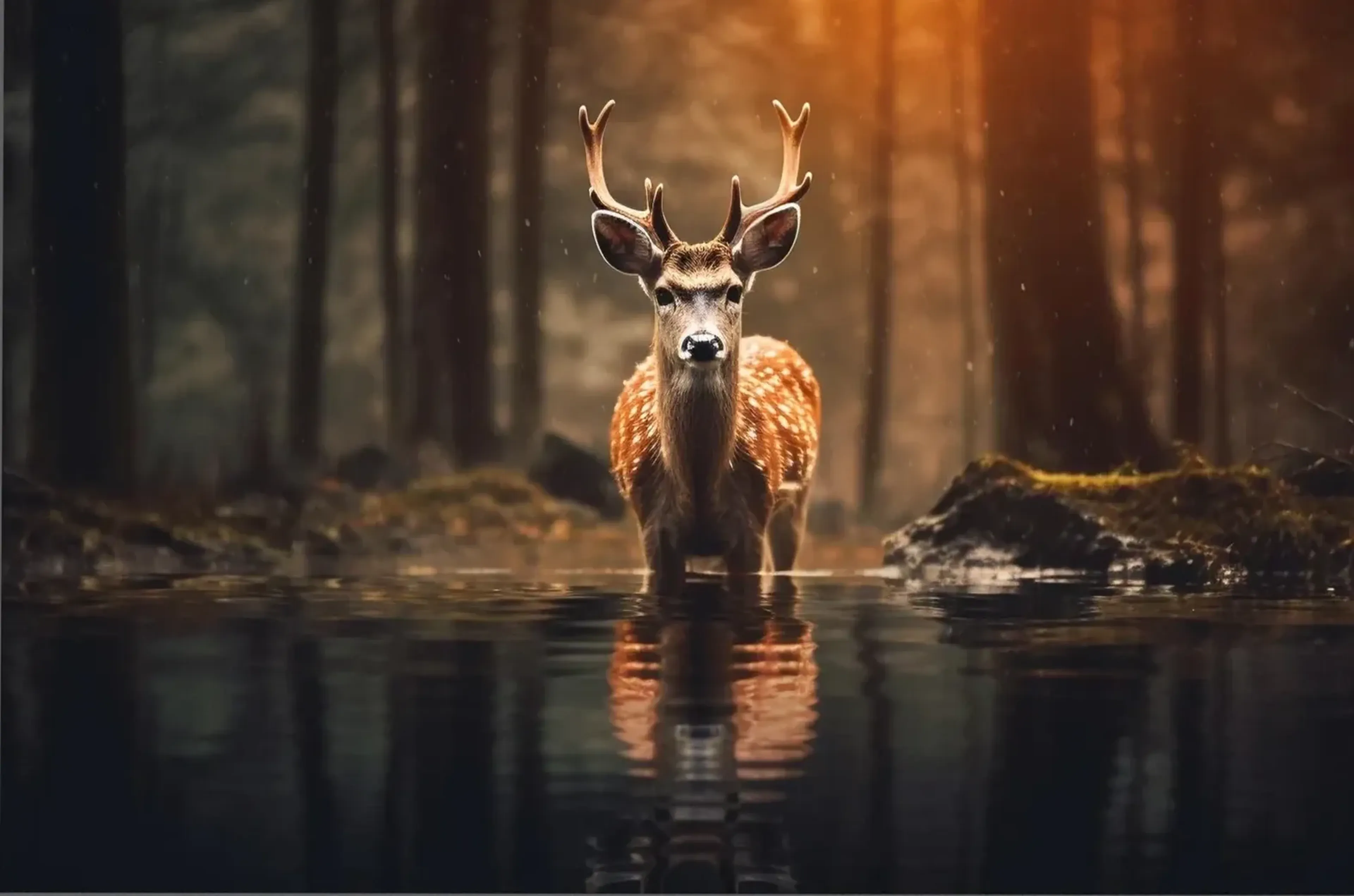 Ein Hirsch steht im Wasser und spiegelt sich darin, hinter ihm liegt ein Wald in warmem orangefarbenem Licht.